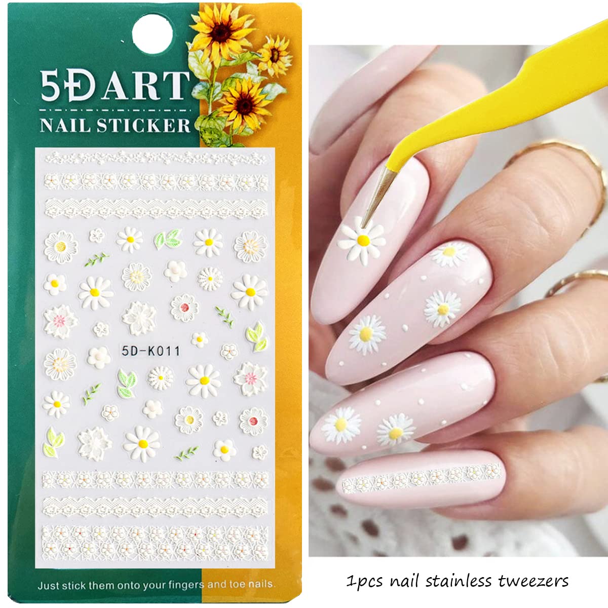 5D Embossed Flower Nail Art Stickers, 6 Sheets Self-Adhesive Nail Sticker Decals,Luxury Hollow Exquisite Pattern Spring Daisy Le