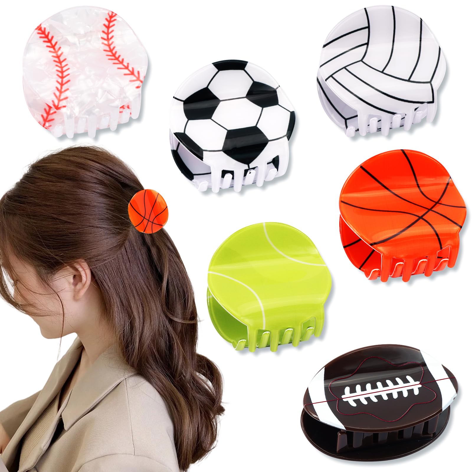 Hapdoo 6pcs Game Day Sport Hair Clips Set  Football Volleyball Soccer Basketball Baseball Tennis Hair Claw Clips Game Day Rugby