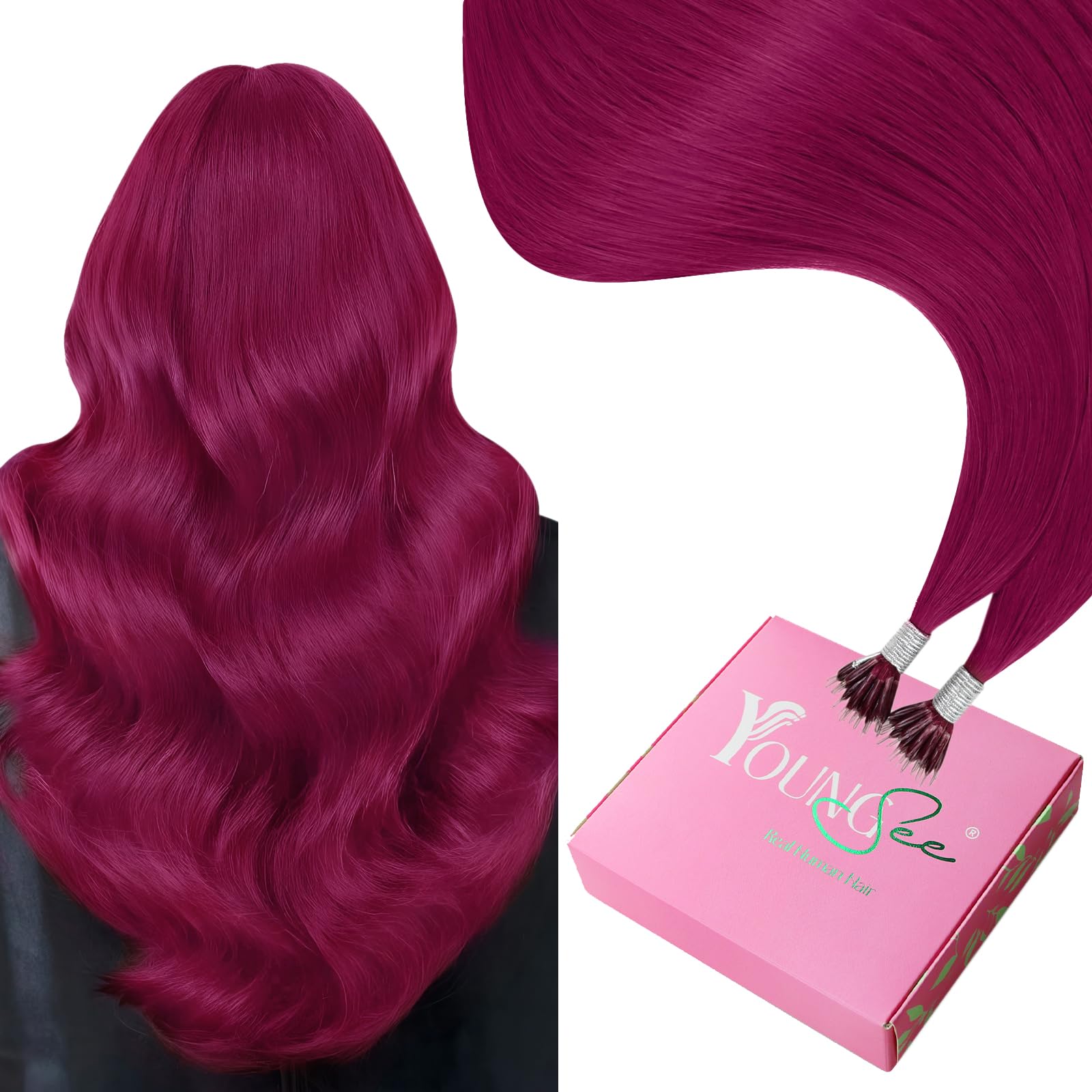 YoungSee Nano Tip Hair Extensions Magenta Nano Bead Hair Extensions Human Hair 24 inch Nano-Link Hair Extension Long Hair Burgun