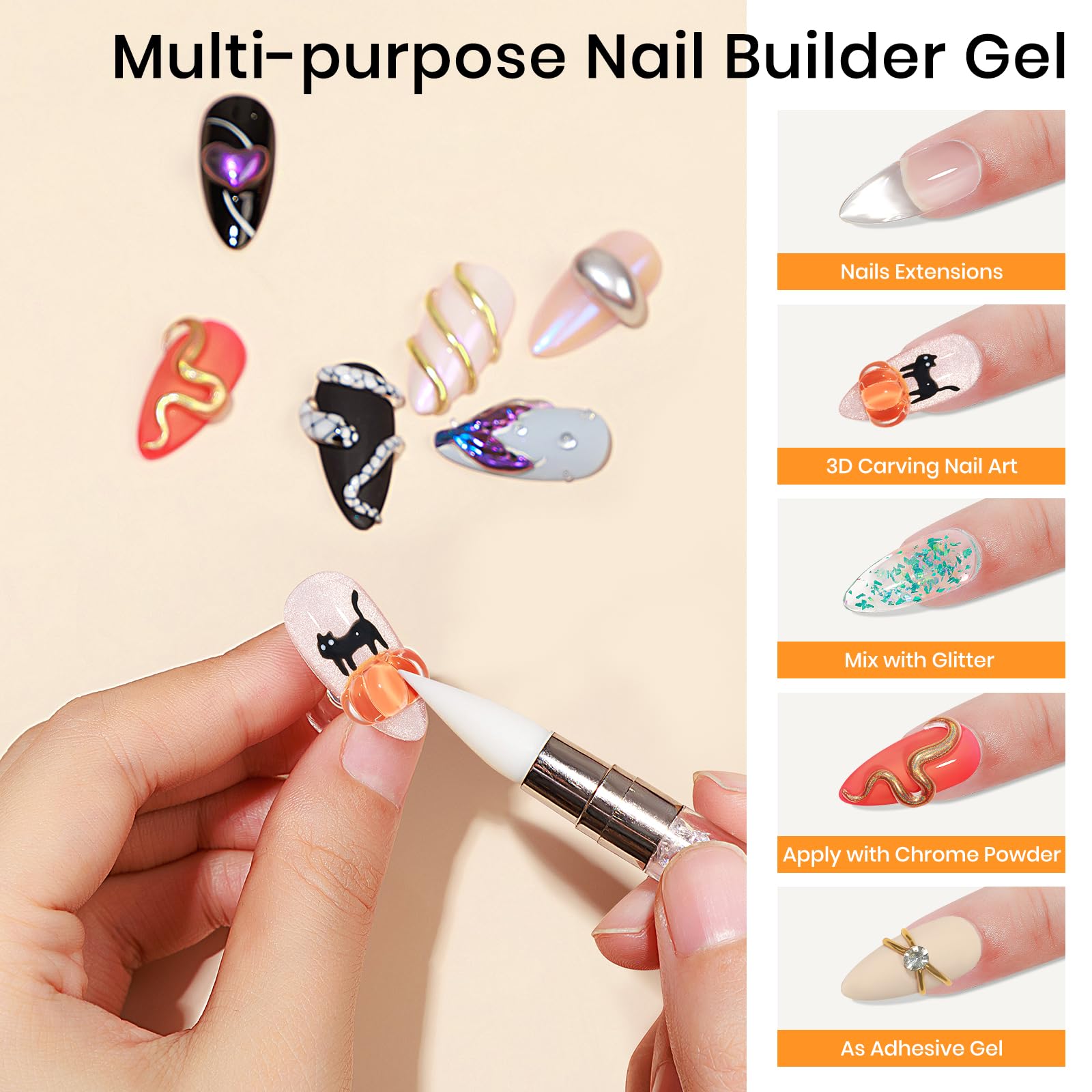 Mizhse Solid Builder Gel - 1 Oz Clear Non Stick Hand Hard Gel With 6 Colors Chrome Nail Powder Nail Form Nail Extension Kit For