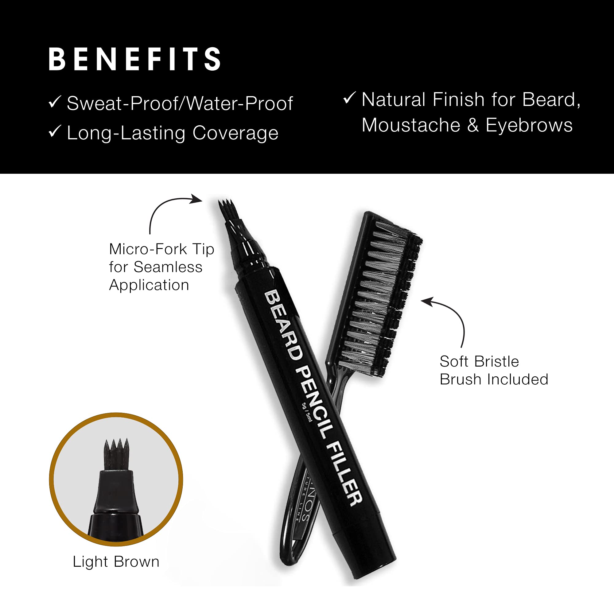 Pacinos Beard Pencil Filler - Water Proof, Long Lasting Coverage & Natural Finish - Beard, Moustache & Eyebrows - Micro-Fork Tip