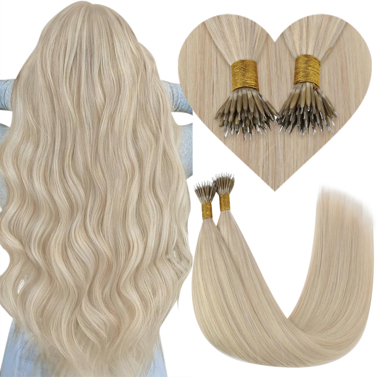 YoungSee Nano Hair Extensions Human Hair Blonde Highlights Nano Tip Hair Extensions Real Human Hair Ash Blonde Highlights with L