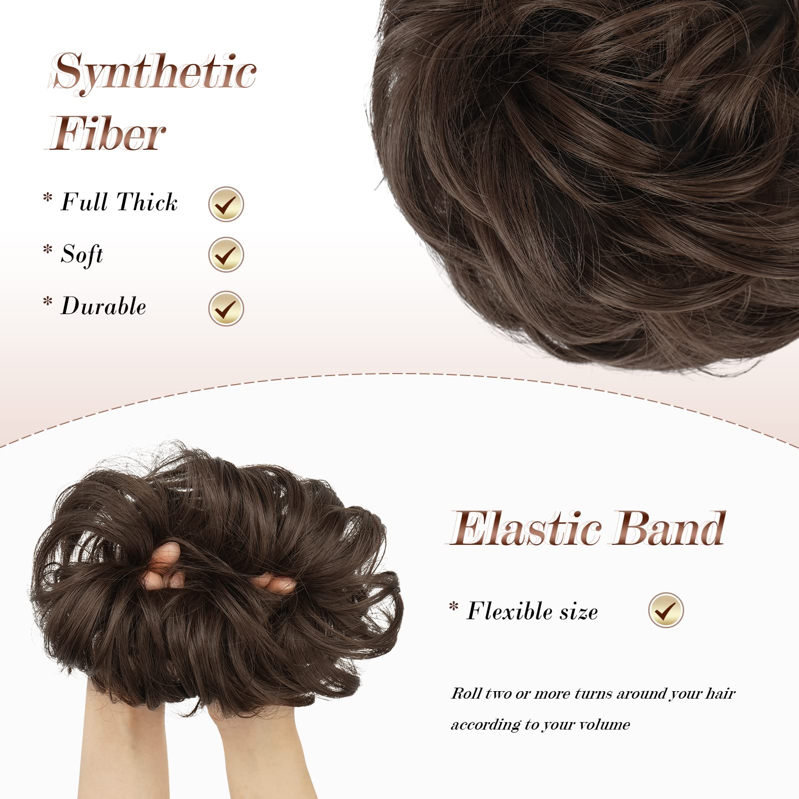 Feshfen Messy Bun Hair Piece Hair Bun Scrunchies Synthetic Medium Chestnut Brown Wavy Curly Chignon Ponytail Hair Extensions Thi
