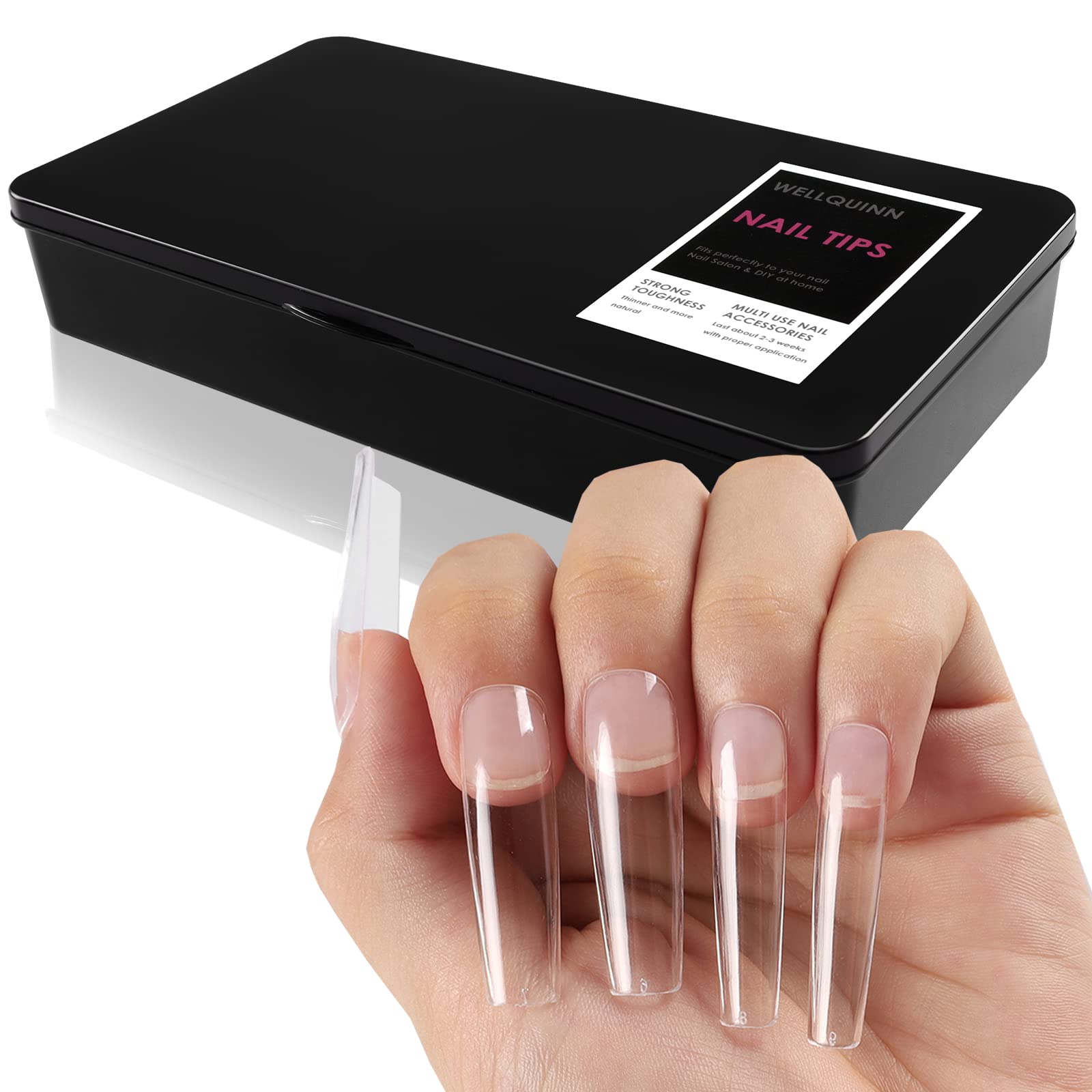 Wellquinn Square Nail Tips Full Cover, Long Clear Professional Acrylic Tips, Long Lasting Utra-Hard False Nails Press On Nails F
