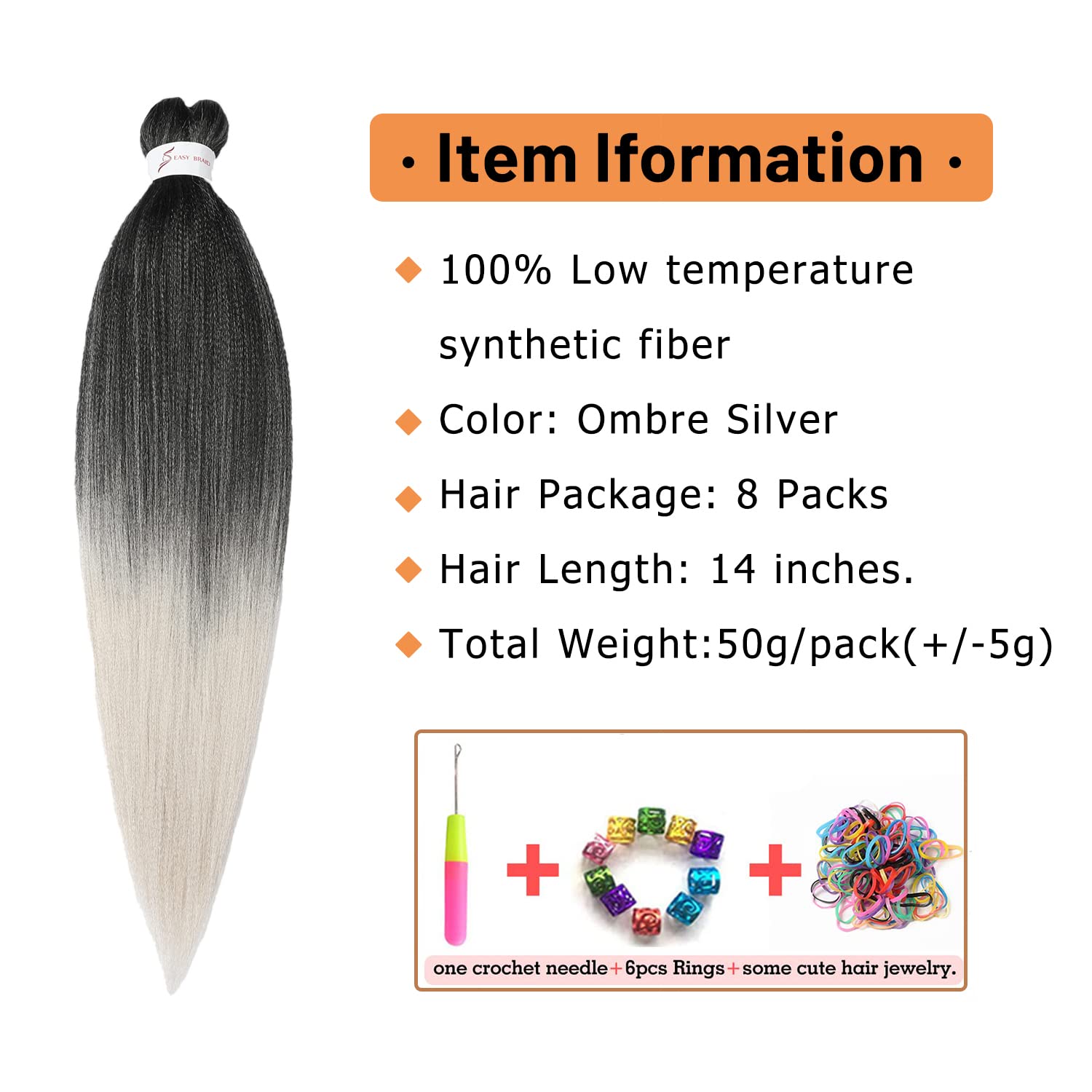 Braiding Hair Pre Stretched 14 Inch 8 Packs Gray Braiding Hair Yaki Texture, Hot Water Setting, Easy To Install Professional Syn