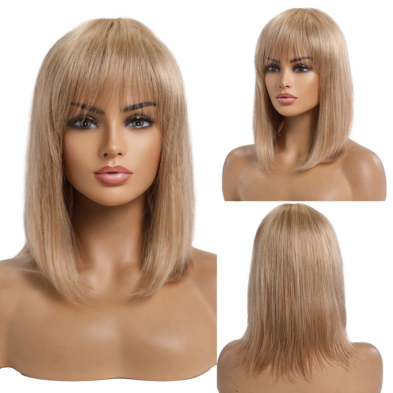 EMMOR Natural Blonde Human Hair Blend Wigs for Women and Lady,Shoulder Length Bob Wig Blend With Healthy Kanekalon Fiber with Ba