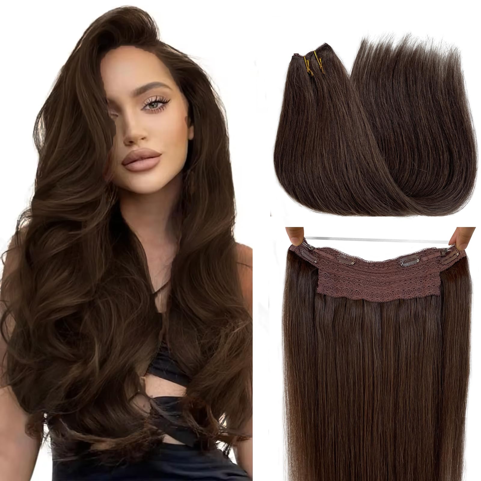 Halos Extensions Human Hair Dark Brown 20inch 100g Silky Straight Invisible Wire Fish Line Remy Human Hair Halos Extensions Remy