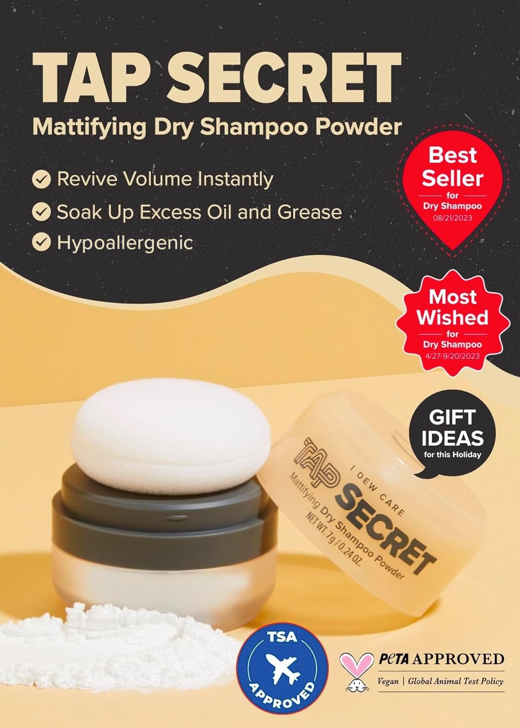 I Dew Care Dry Shampoo Powder - Tap Secret  With Black Ginseng, Non-Aerosol, Benzene-Free, Mattifying Root Boost, No White Cast,