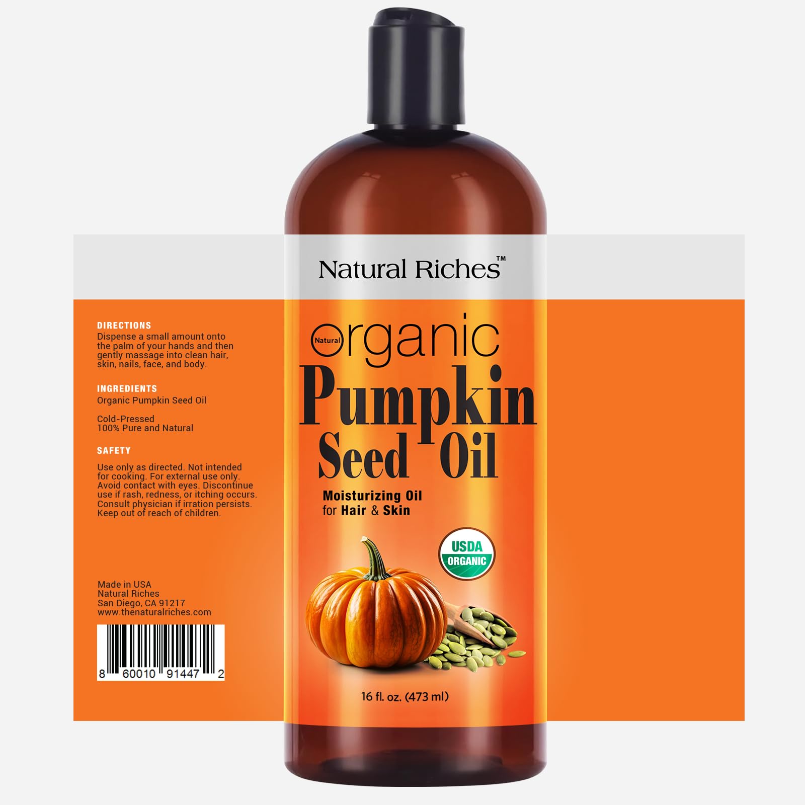 Natural Riches Pumpkin Seed Oil - USDA Organic Moisturizer, 16 Fl Oz - Unrefined, Cold Pressed for Face, Hair, Body & Skin Care