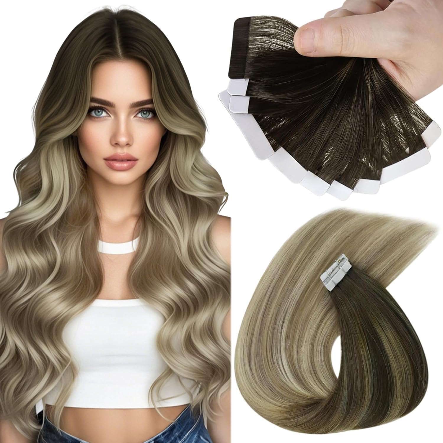 Sunny Hair Tape in Hair Extensions Real Human Hair Invisible Remy Hair Extensions Tape ins for Women Dark Brown Balayage Dark Go