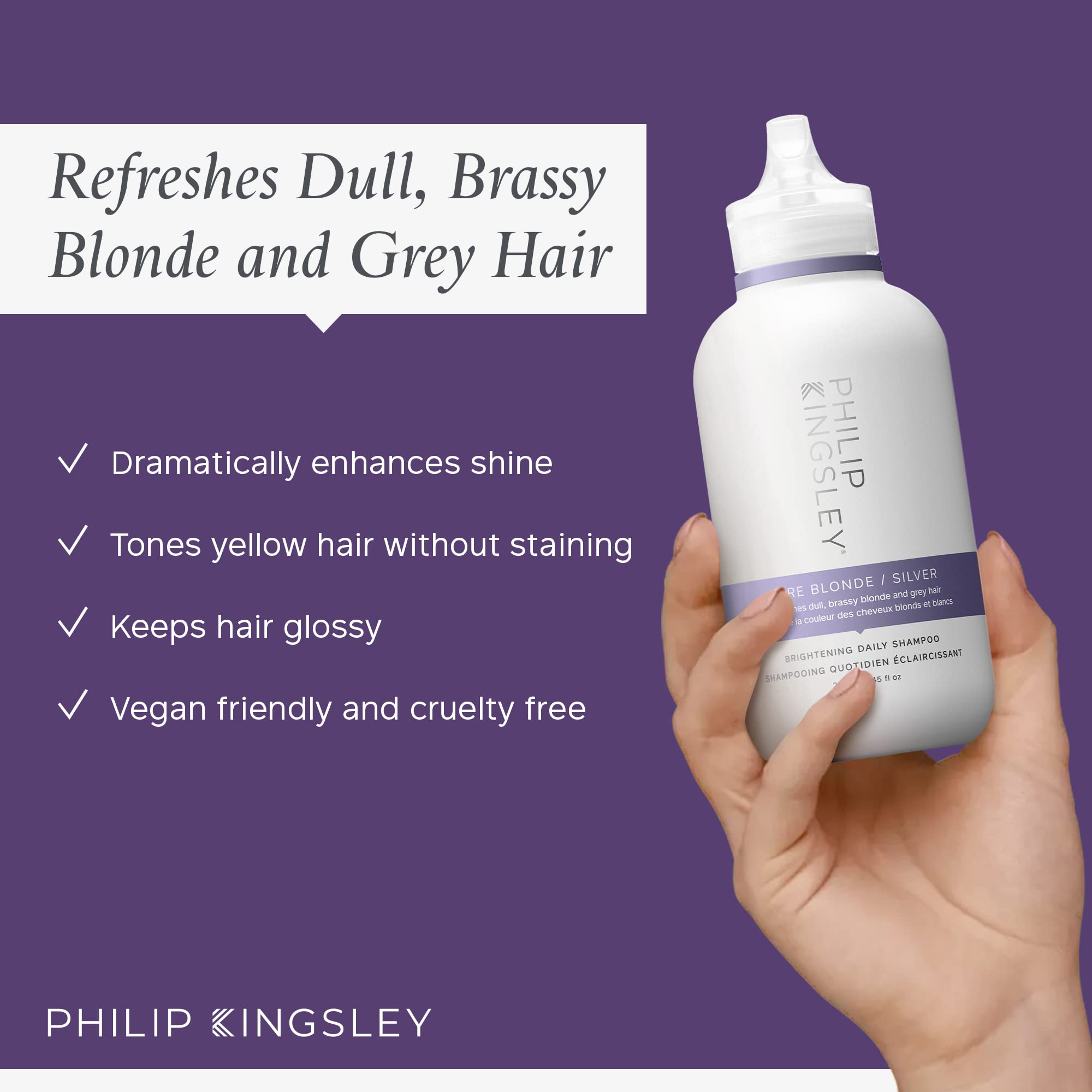 Philip Kingsley Pure Blonde/Silver Brightening Daily Purple Shampoo For Blonde Gray Silver Brassy Colored Highlighted Bleached H