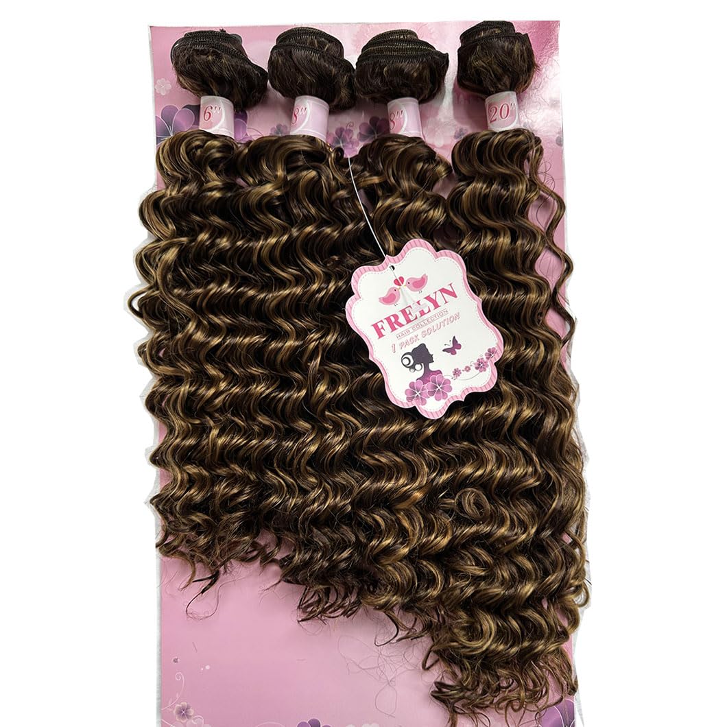 FRELYN Deep Wave Bundles Synthetic Curly Hair Bundles Quick Weave Hair Bundles Brown and Honey Blonde Highlight Ombre Colored Ha
