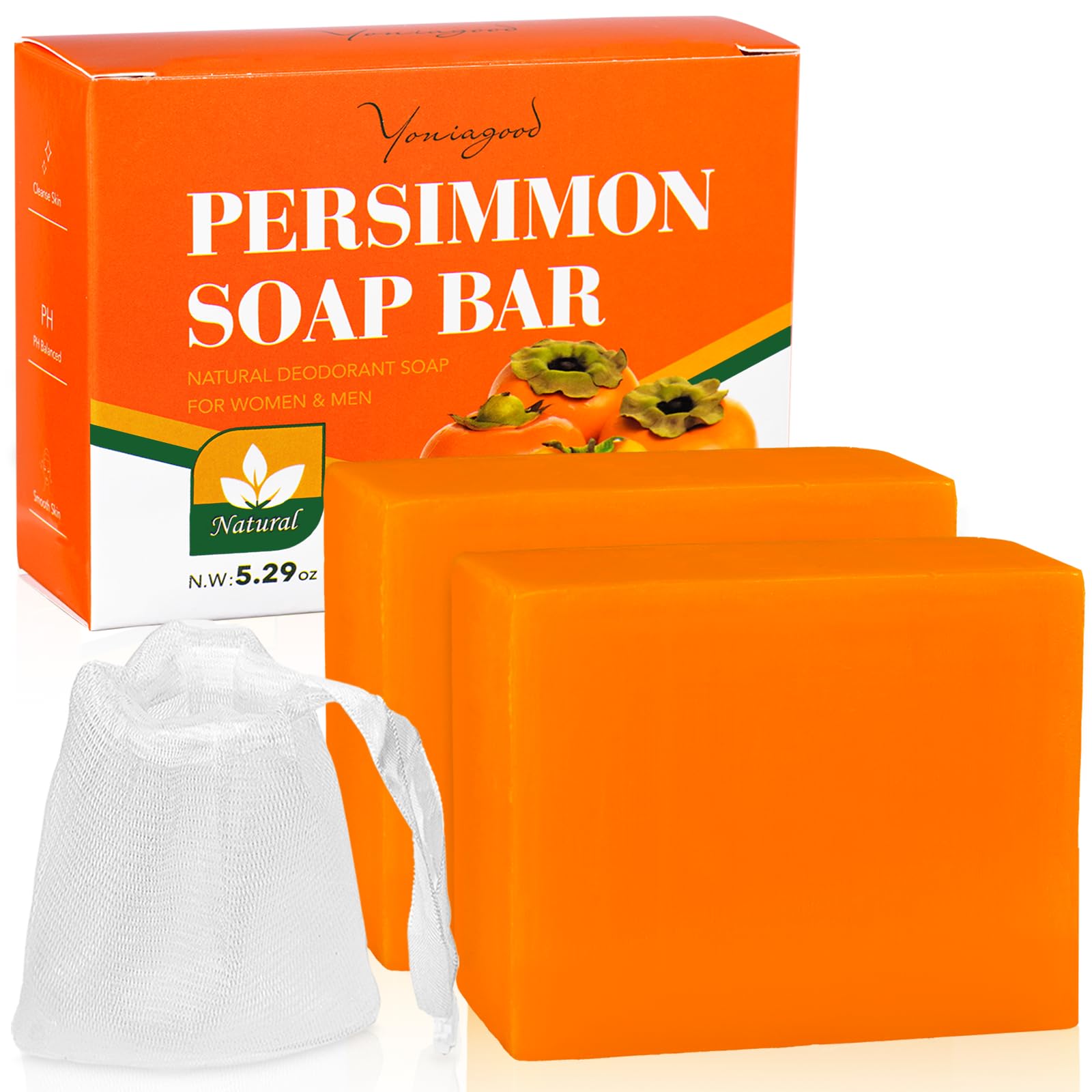 yoniagood 2 PCS Persimmon Soap Bar for Old People Smell, Natural Body Odor Control Bar Soap for Men & Women Deodorizing, Handmad