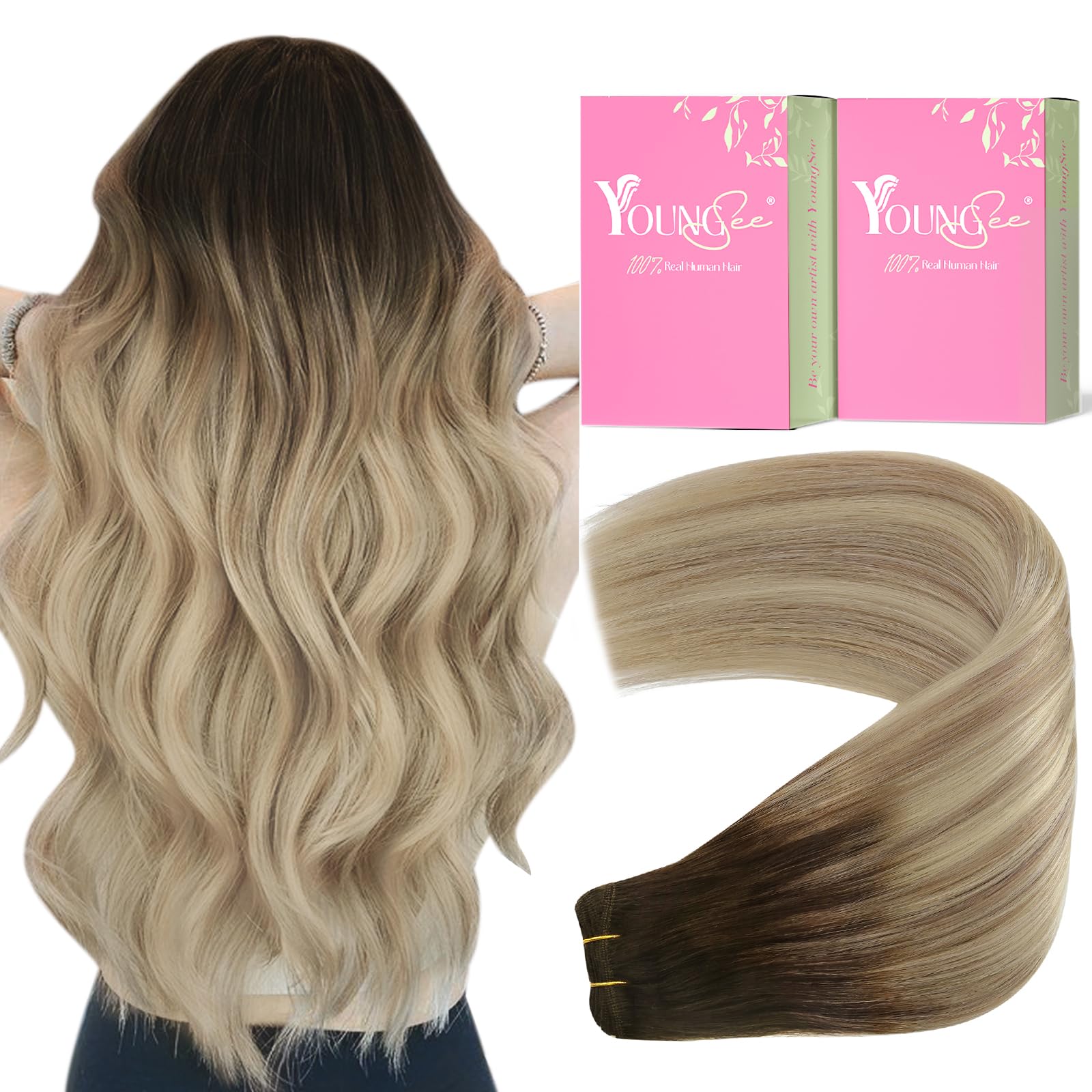 YoungSee Weft Hair Extensions Ombre Sew in Hair Extensions Human Hair Dark Brown Base with Medium Ash Blonde and Light Blonde Hi