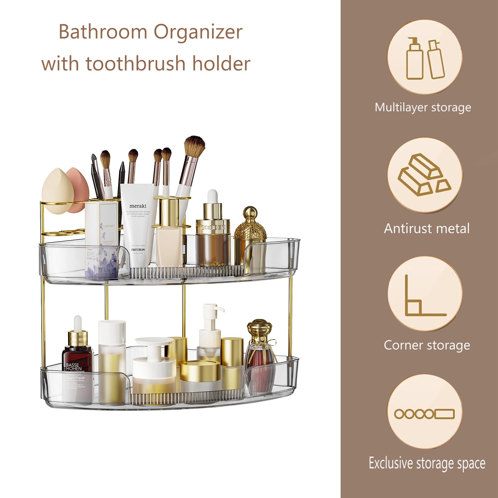 FELIZHOUSE 2-Tier Makeup Organizer for Vanity & Bathroom Countertop - Acrylic Storage Shelf with Perfume Tray & Makeup Brush Hol