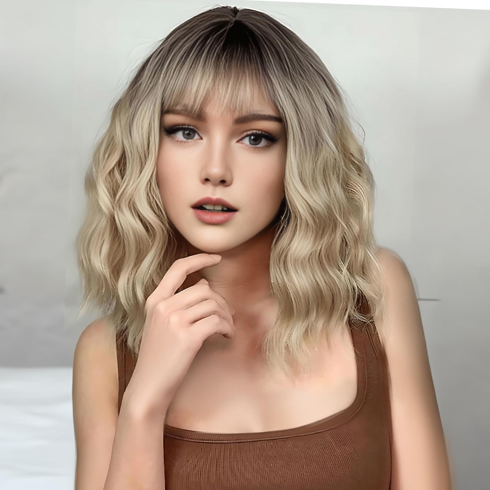MINLEE Ombre Blonde Wig with Bangs for Women 14 Inch Short Bob Wavy Curly Wig Ombre Blonde Hair Wigs Heat Resistant Synthetic Wi