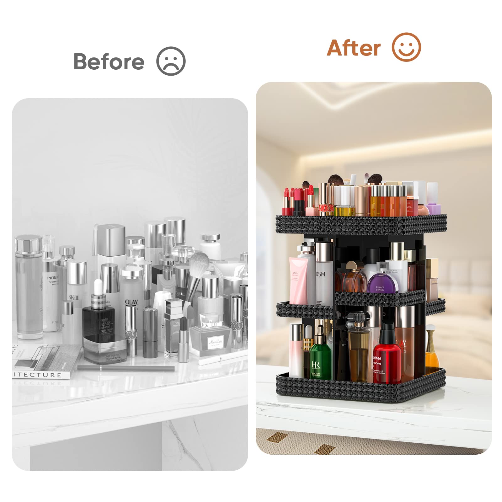 Dalemky 360 Rotating Makeup Organizer Black - Large Acrylic Makeup Organizers And Storage For Vanity, Cosmetic Organizer Counter