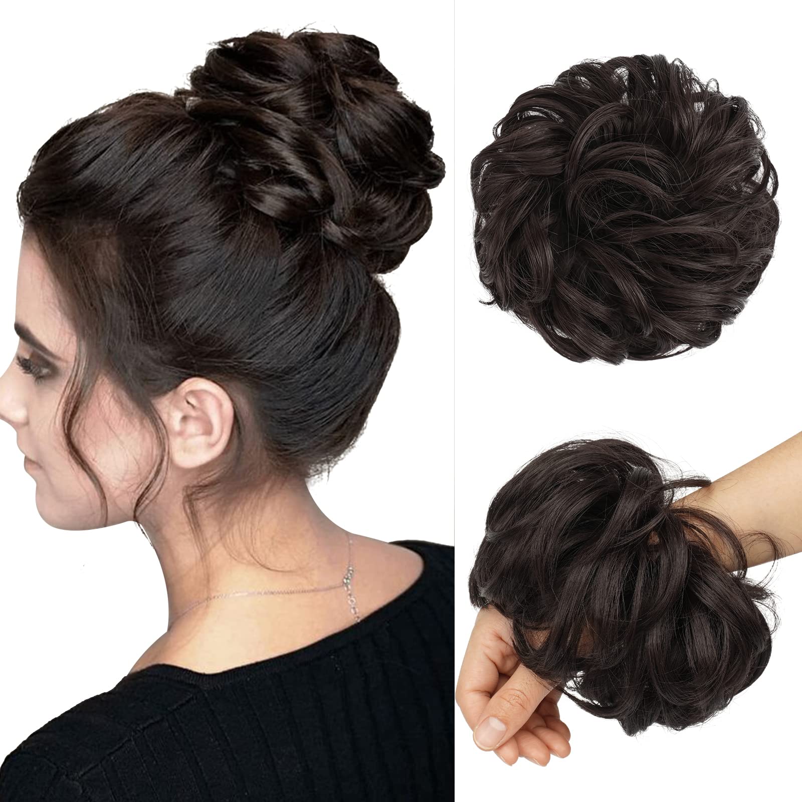 FESHFEN Messy Bun Hair Piece Medium Brown Wavy Curly Large Hair Bun Scrunchies Extensions Synthetic Tousled Updo Hairpieces for 