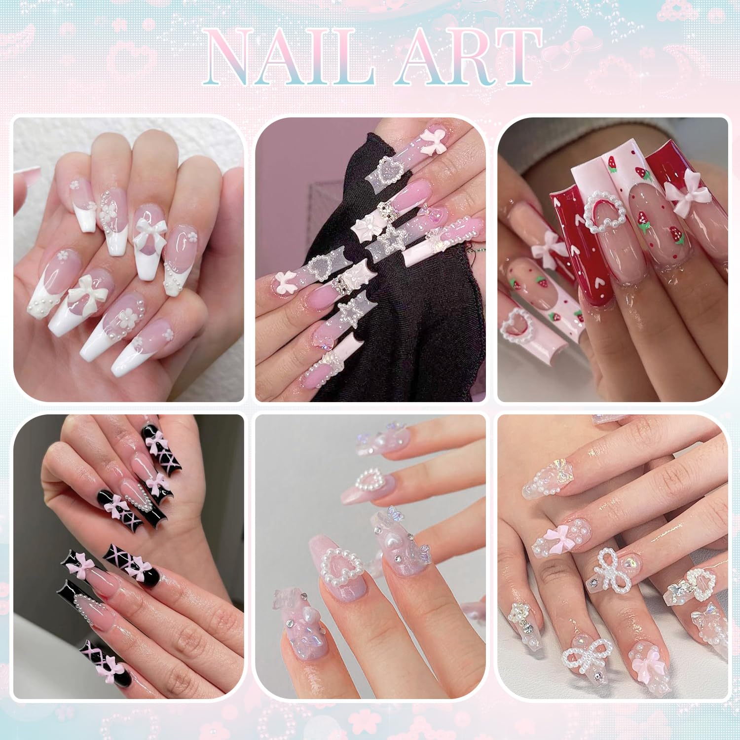 3D Nail Charms For Coquette Nails Design With Rhinestone Glue Set 2, White Pink Nail Bow Charms + Pearl Heart Star Moon Bowknot