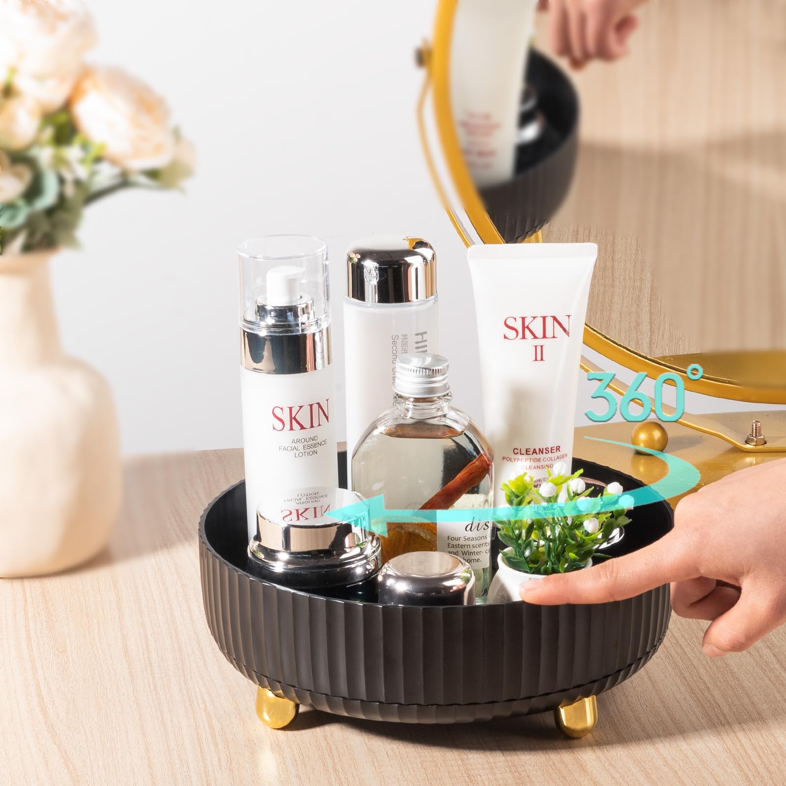 Makeup Perfume Organizer Tray 360 Degree Rotating Lazy Susan Skincare Lotion Organizer Spinning Cosmetics Storage For Dresser, V