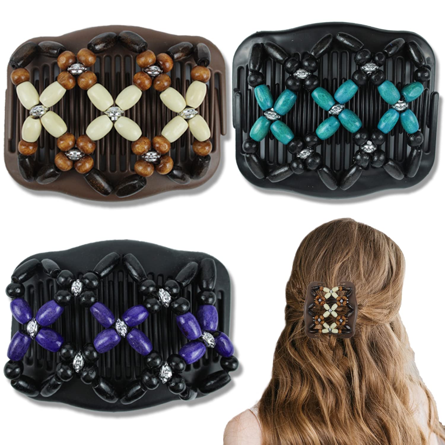3 Pieces Stretchy Double Comb Hair Clip Magic Hair Side Combs for Women Elastic Wood Beaded Hair Bun Maker Hair Accessories for 