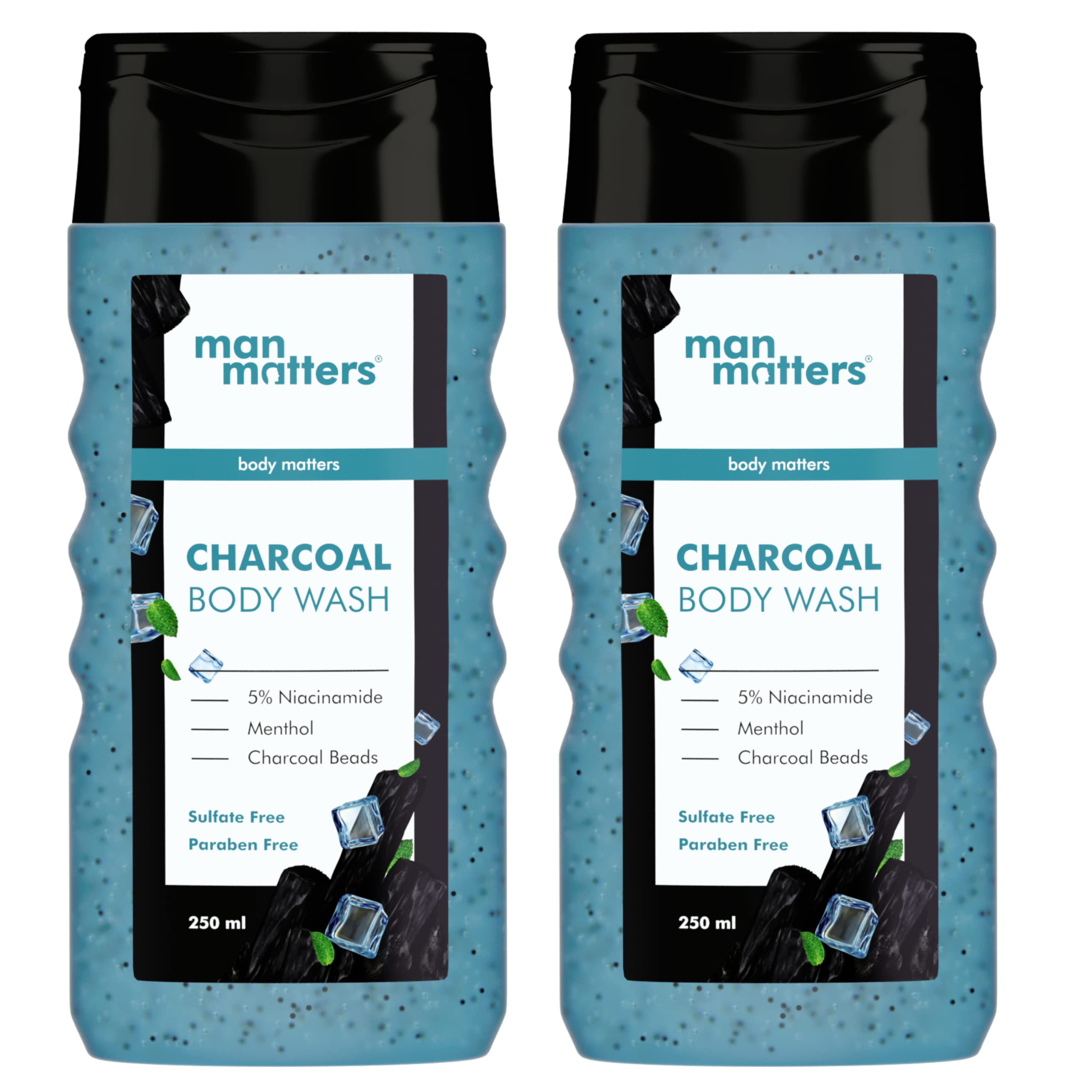 Man Matters 3 In 1 Action Charcoal Body Wash (Pack Of 2) | Menthol, 5% Niacinamide & Activated Charcoal Beads | For Instant Cool
