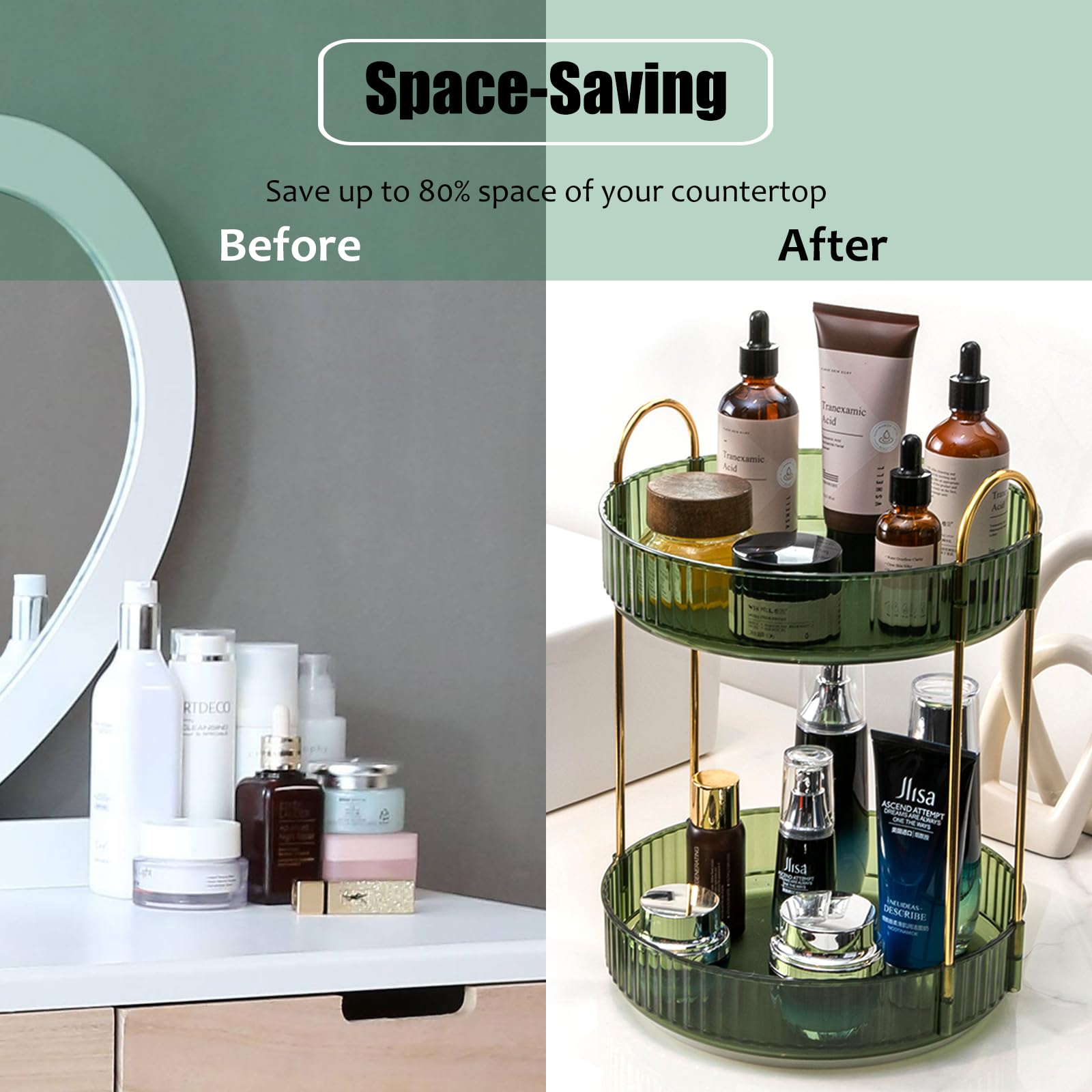 Zufudo Rotating Makeup Organizer 2 Tier Lazy Susan Trays Skincare Perfume Organizer For Bathroom Counter Vanity, Green Gold