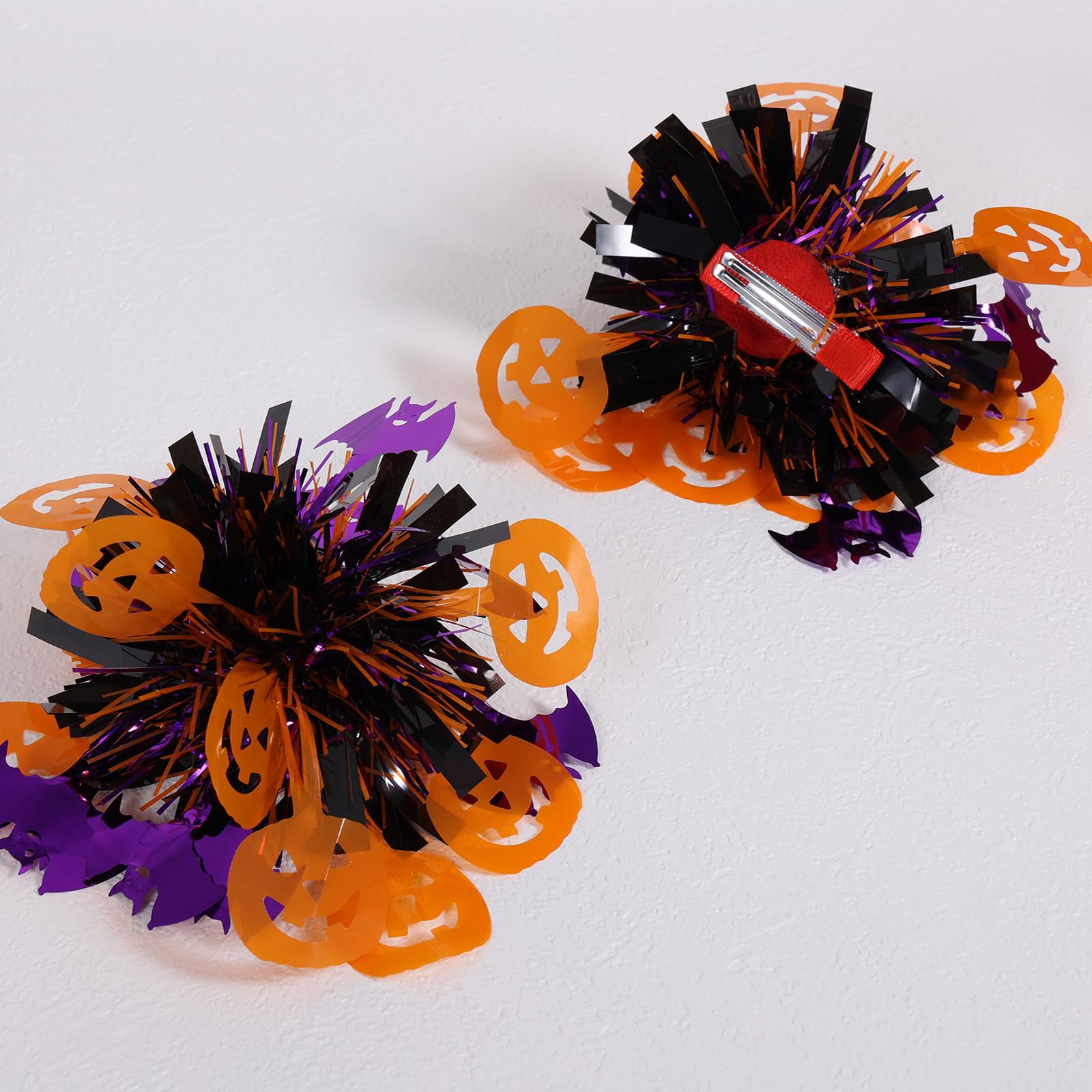 Halloween Hair Bows for Women Girls 2 Pack 4 Glitter Pom Pom Pumpkin Bat Alligator Clips, Sparkly Black Purple Orange Halloween