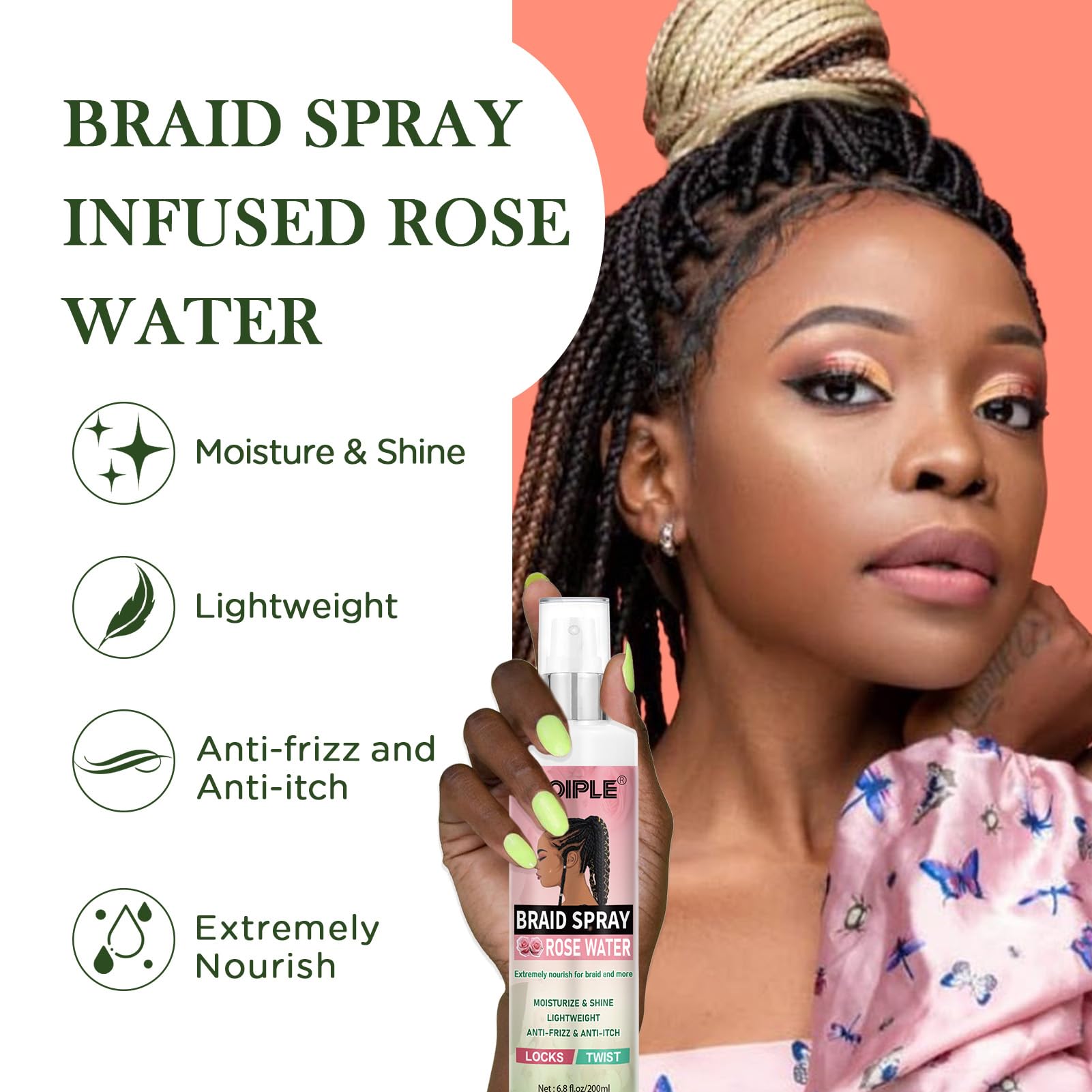 6.8 Fl Oz Braid Spray Rose Mint For Dreads, Dreadlocks, Locks Spray Rose Water Braid Spray For Itchy Scalp, Shine & Lightweight