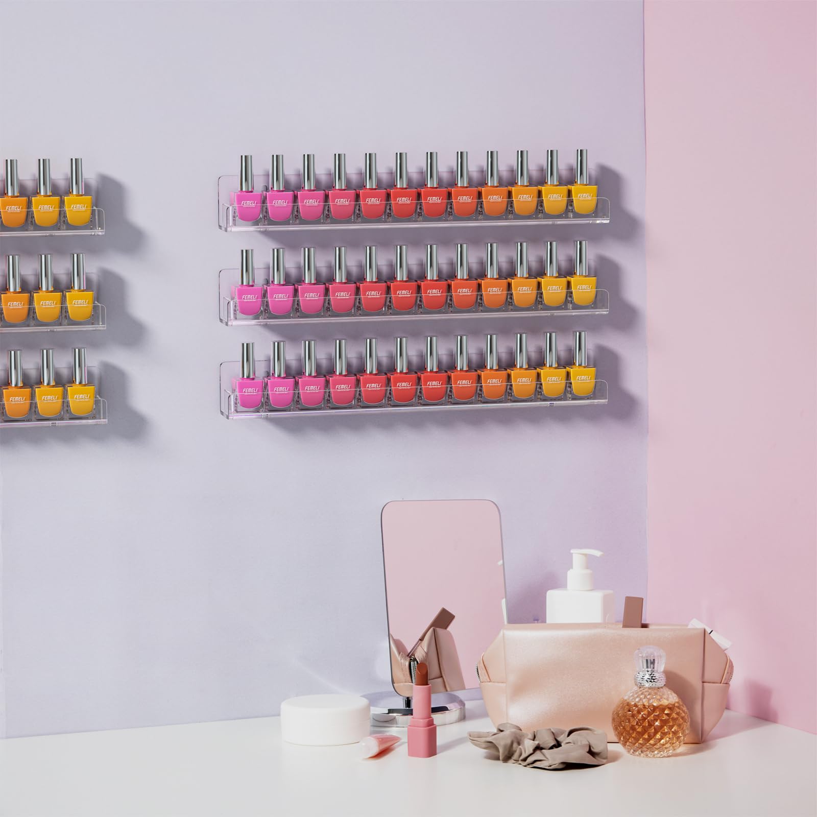 FEMELI Acrylic Clear Nail Polish Wall Rack: 12pcs Organizer Holder Display Shelves - 15 Inch