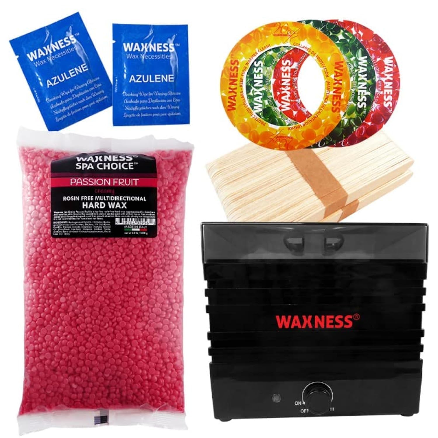 Waxness Passion Fruit Stripless Waxing Kit WCUBE Black Warmer and 2.2 lb Wax Bag