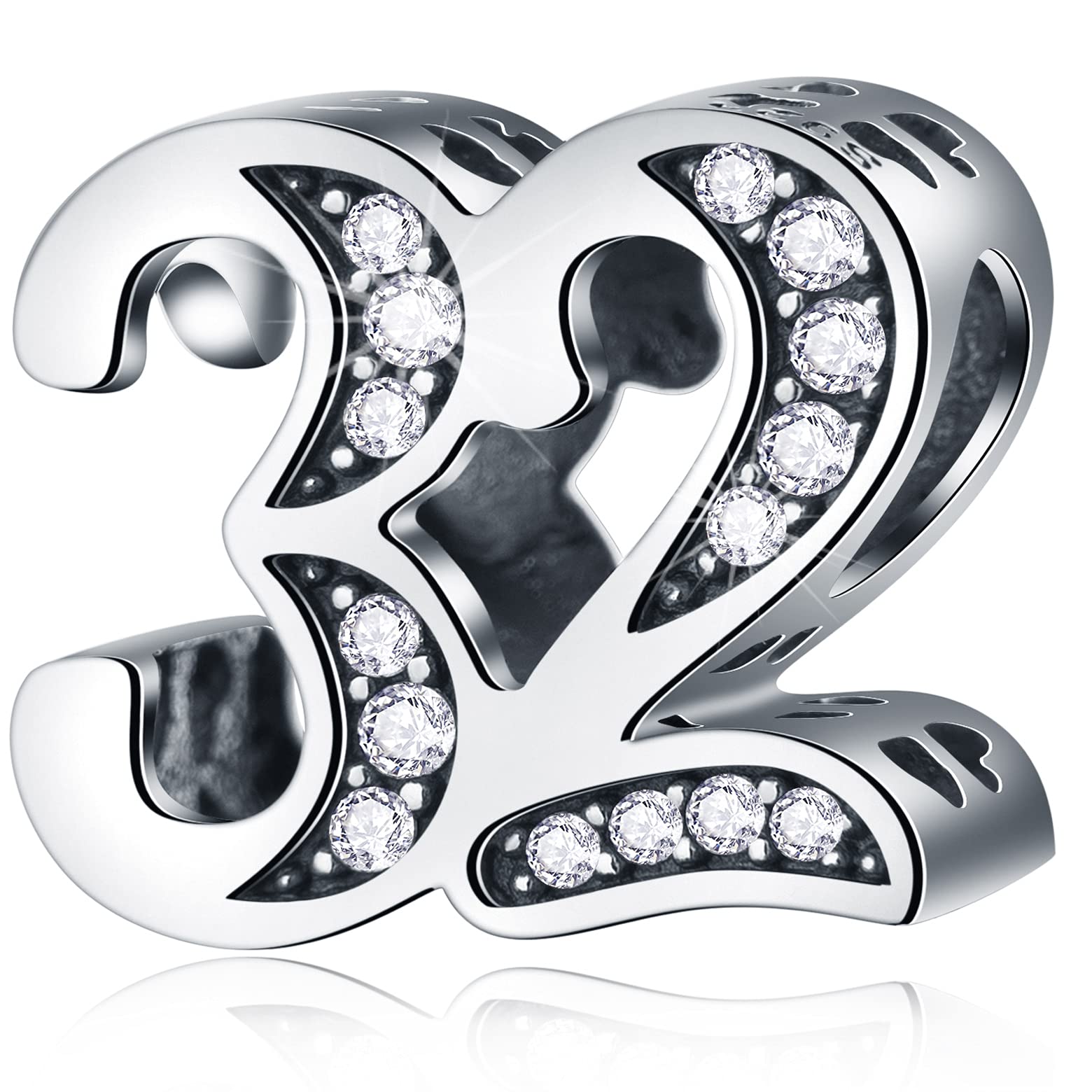 32 Birthday Charms fits Pandora Wedding Bracelet, 925 Sterling Silver 32nd Anniversary CZ Beads, Number 32 Years Old Gifts for C