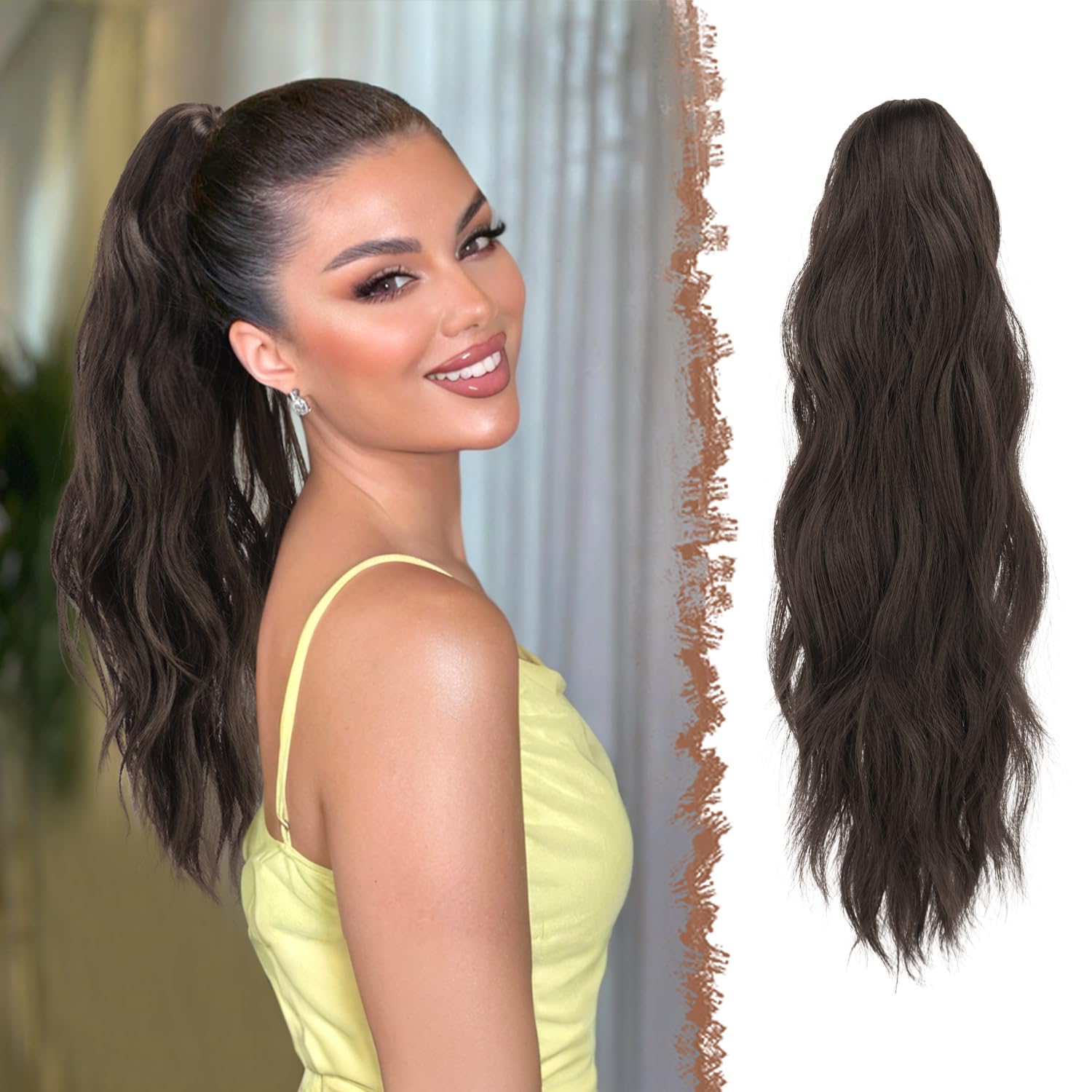 FESHFEN Ponytail Extensions, Long Claw Clip in Ponytail Hairpiece Synthetic Pony Tails Hair Piece Natural Wavy Hairpieces for Wo