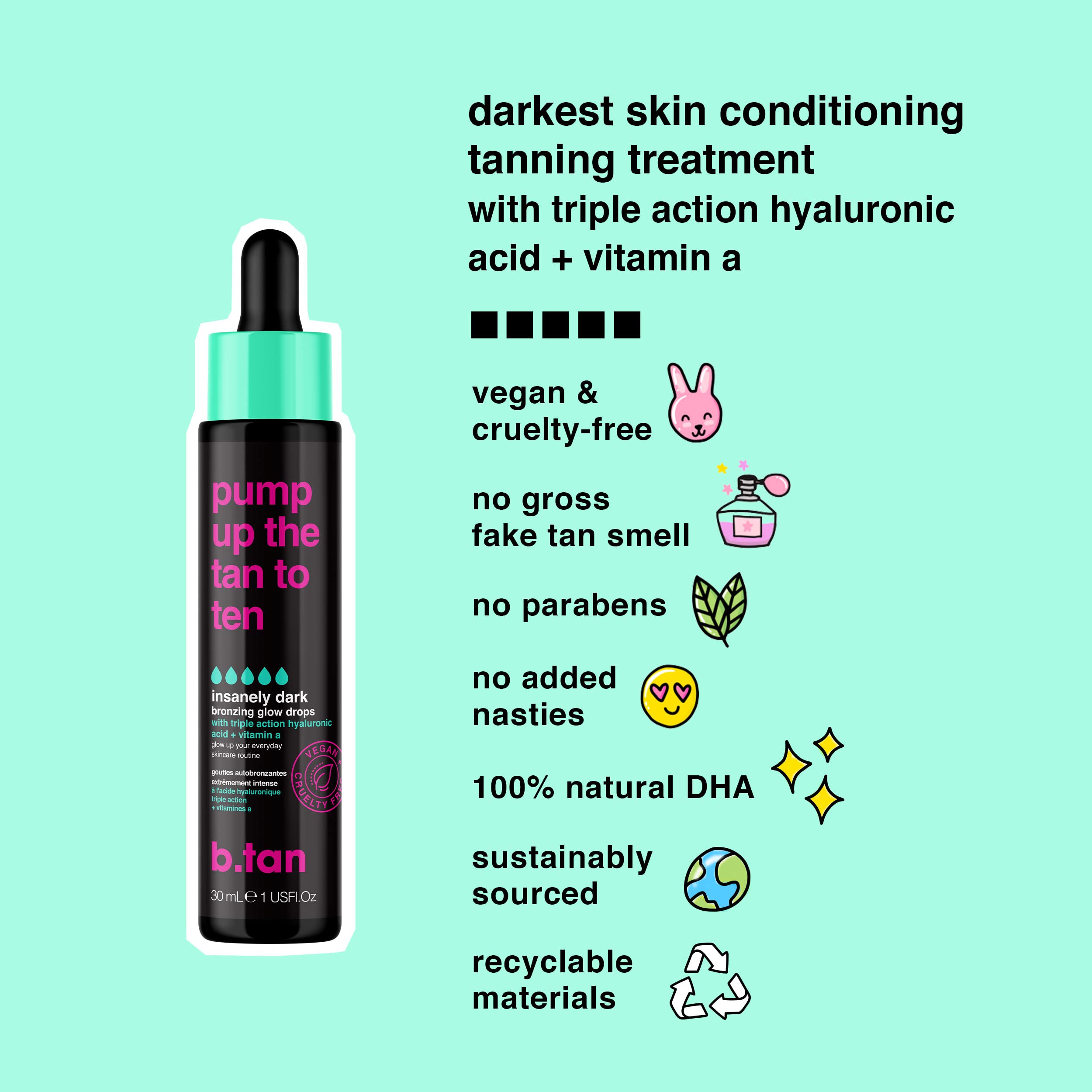 B.TAN Darkest Self Tanning Drops for Face & Body - 1 Fl Oz, Insanely Dark, Vegan, Cruelty Free, Gradual Bronzing Glow