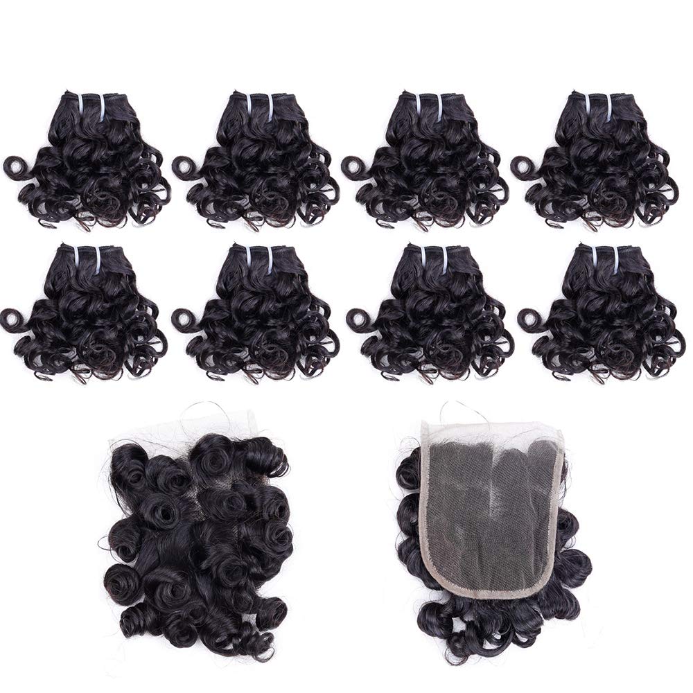 Peruvian Curly Hair Bundles Short Bob Curly Human Hair Bundles With Closure 10A Ocean Weave 8 Bundles With 4X4 Closure(8'' 8'' 8