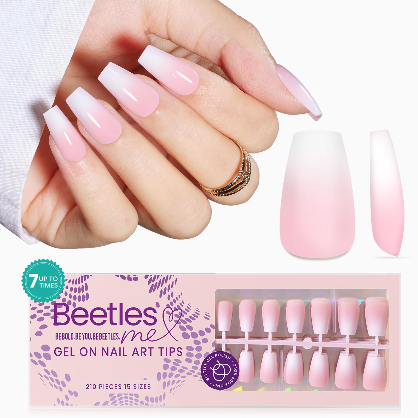 Beetles Ombre French Gel Nail Tips: 210Pcs Pink Press On Nails Short Coffin Kit Valentines Day Gifts for Women Fit Perfectly Nai