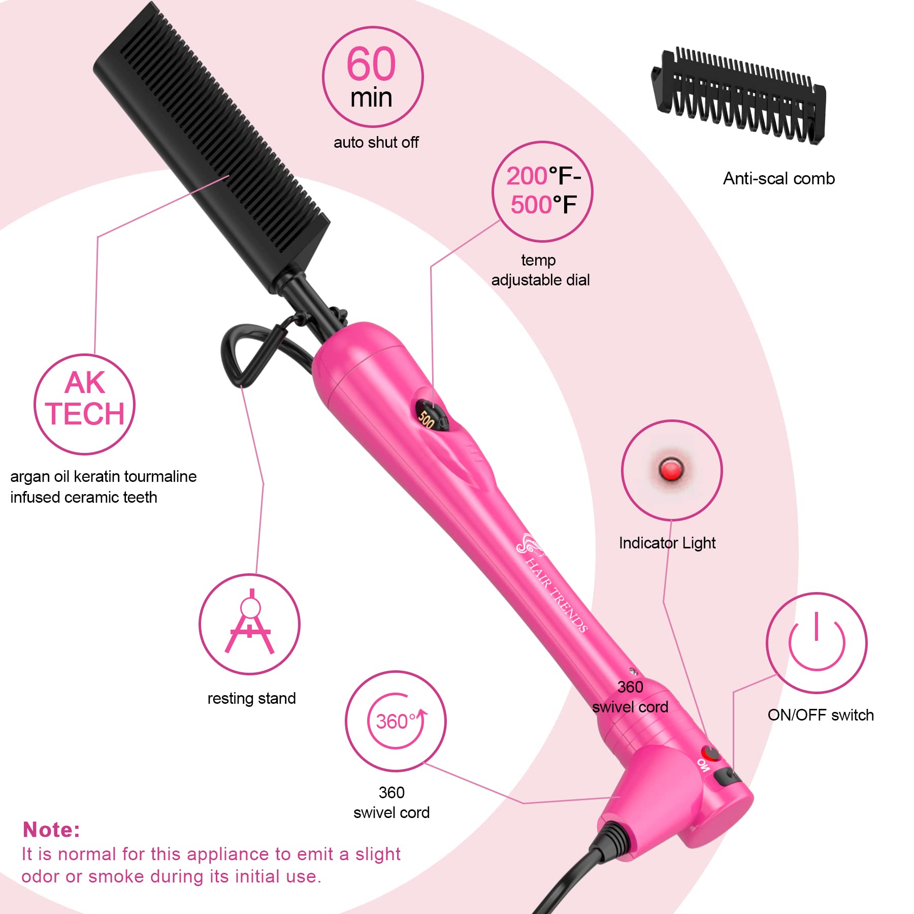 Hair Trends Mini Pink Hot Comb - 500?F Electric Straightening Comb, Portable Ceramic for Black Hair & Wigs, 2 Size
