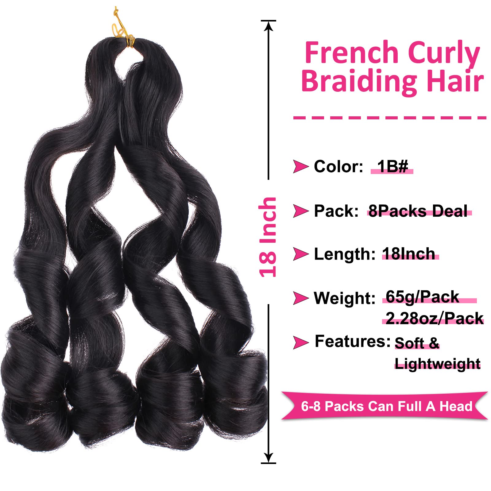 Unionbeauty 8 Pack French Curl Braiding Hair 18 Inch Pre Stretched Braiding Hair French Curl Braids For Box Braids Crochet Hair