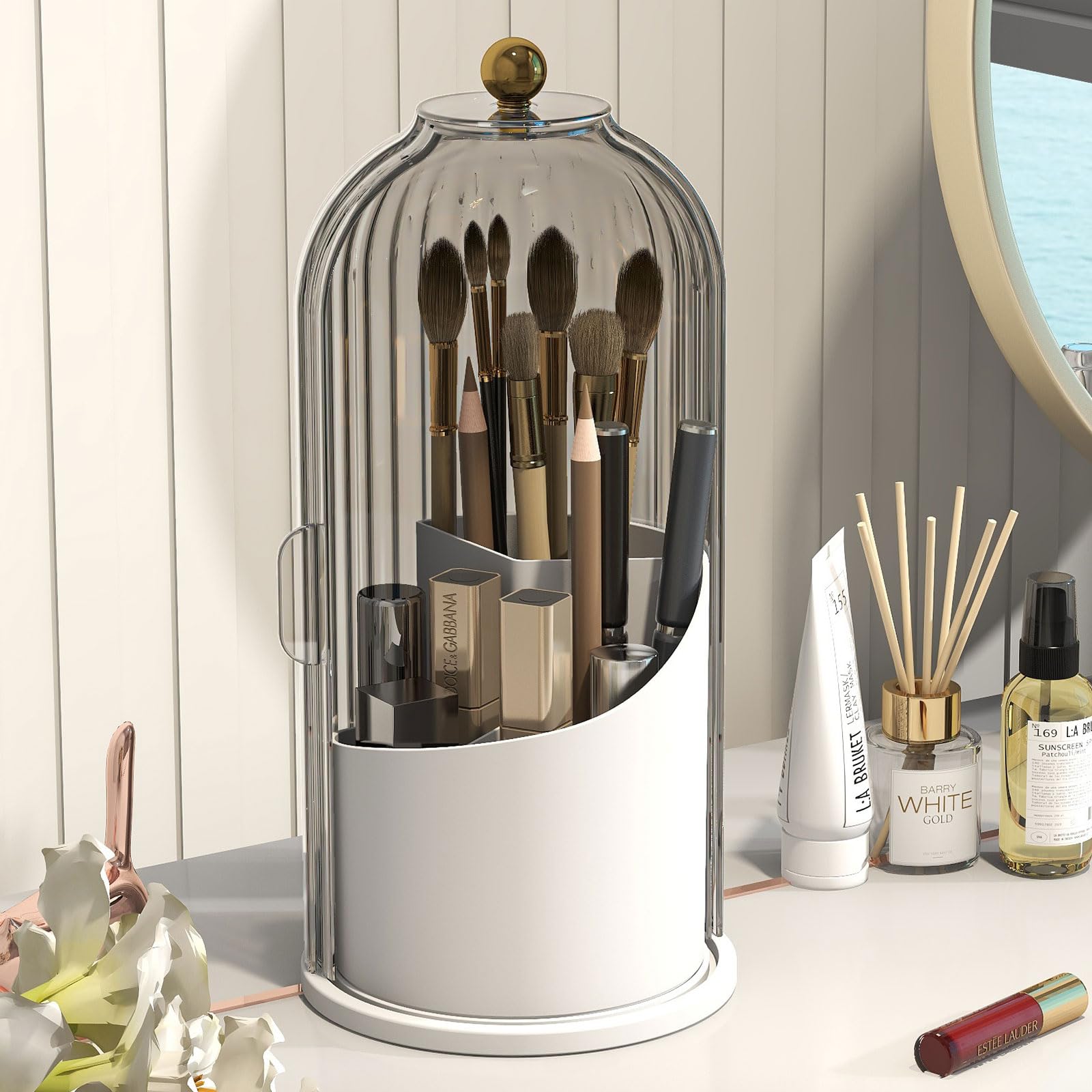 Emljkvp Makeup Brush Holder With Dustproof Cover 360 Rotating Makeup Brush Organizer For Vanity Bathroom, Grey