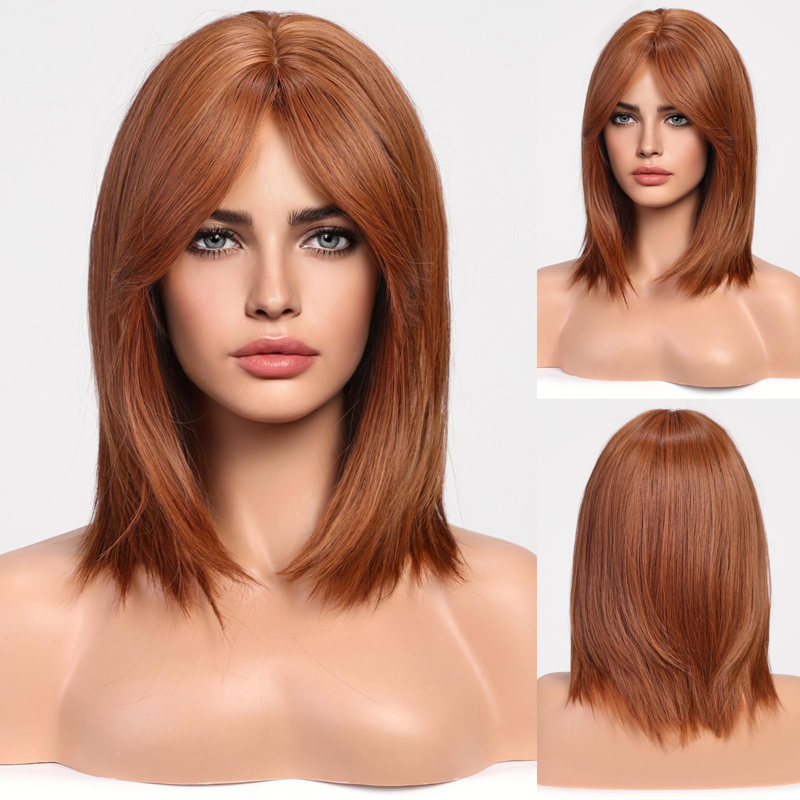 HAIRCUBE Short Auburn Wigs for Woemn Copper Straight Wig with Curtain Bangs Shoulder Length Natural Synthetic Wig for Daily Use 