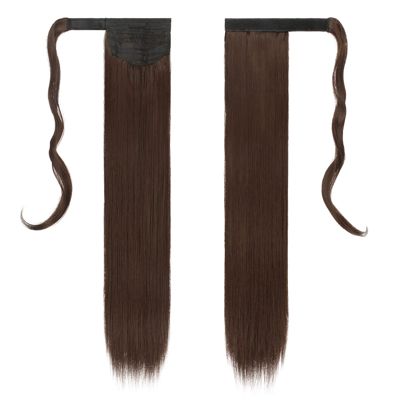 Feshfen Straight Long Ponytail Extensions 28 Inch Medium Brown Wrap Around Synthetic Hair Piece Pony Tail Hair Extensions Hairpi