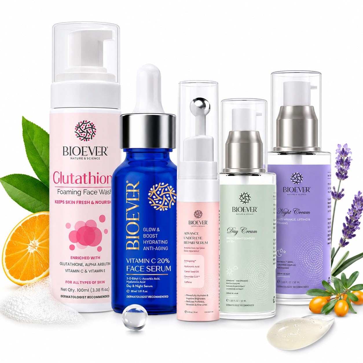 Bioever Brightening Hydrating And Face Care Combo Pack | Glutathione Facewash, Vitamin C Serum, Under Eye Serum, Brighteing Day 