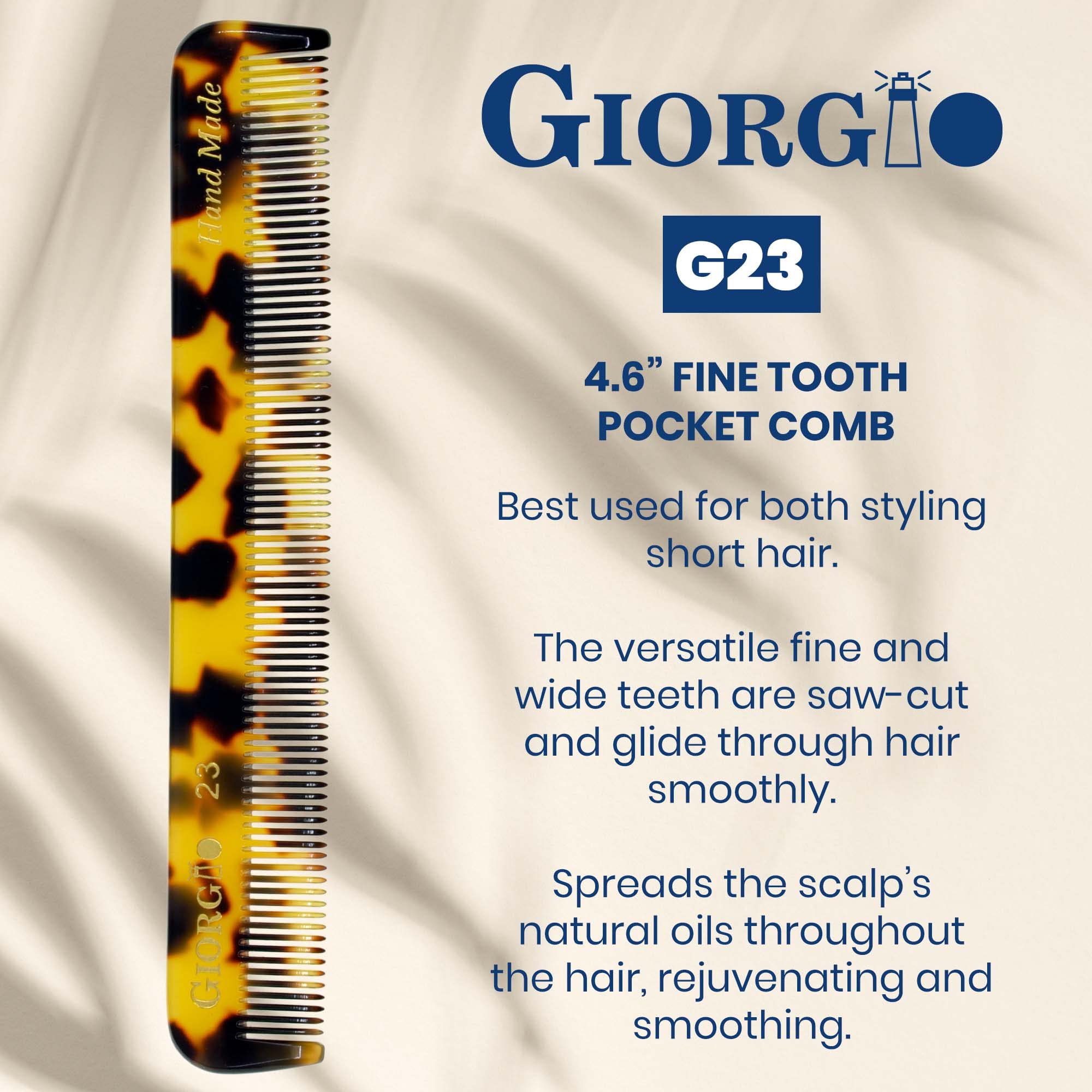 Giorgio G23 Handmade All Fine Tooth Pocket Comb for Men, Hair Comb Straightener for Everyday Grooming Styling Hair, Mustache and