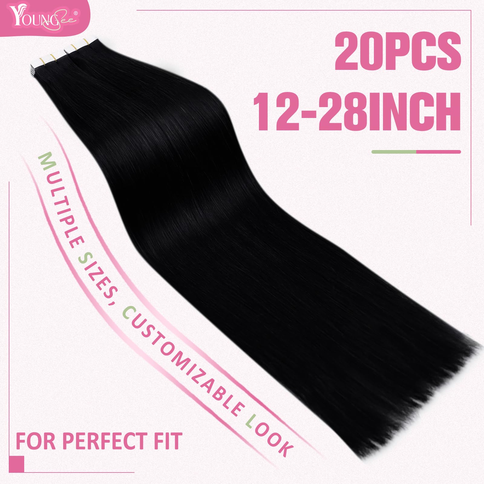 YoungSee Tape in Hair Extensions Real Human Hair Black Tape Extensions Human Hair Jet Black 24 Inch 20pcs Invisible Tape Hair Ex