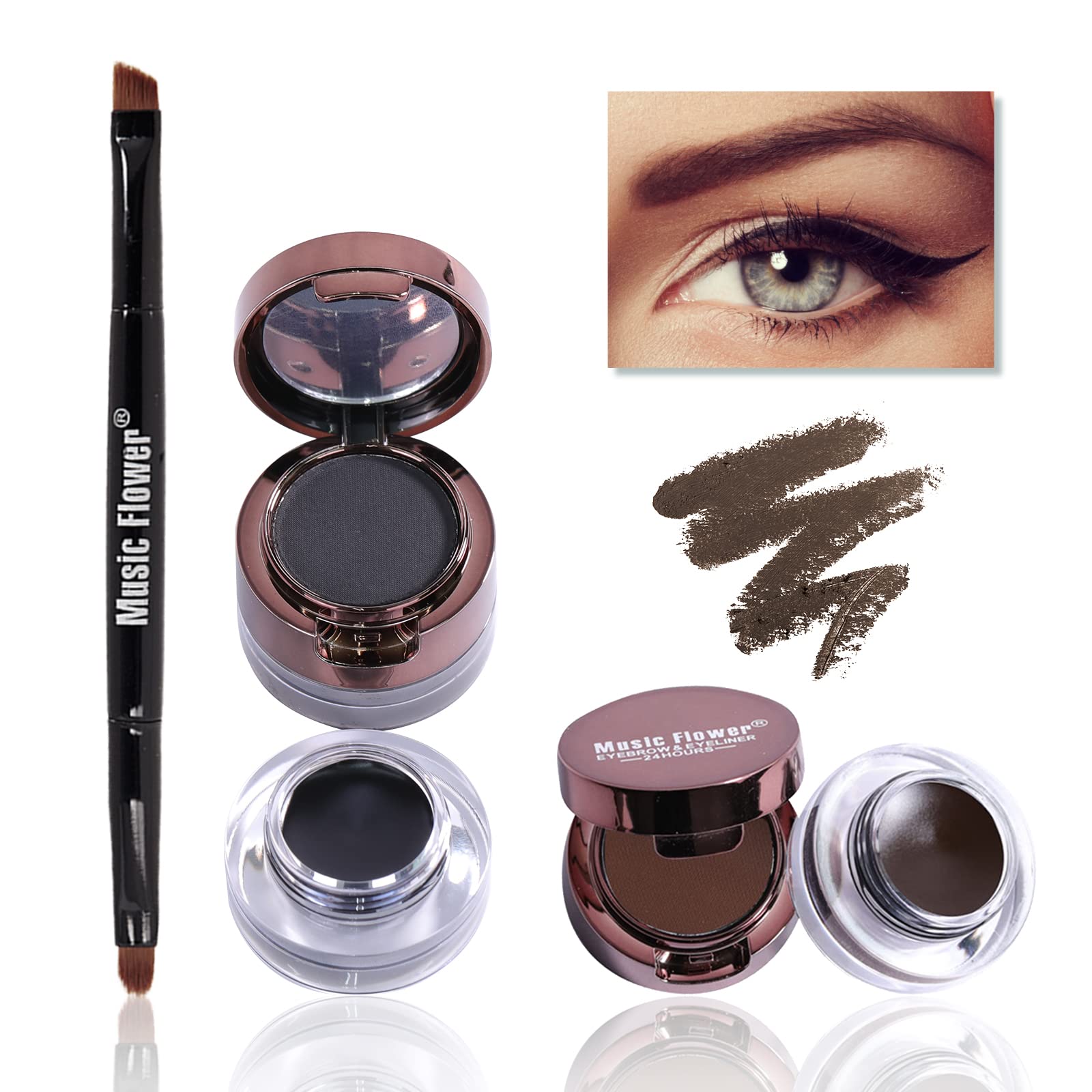 Music Flower Gel Eyeliner Eyebrow Powder, Black And Brown Waterproof Smudgeproof Long Lasting Makeup Eyeliner Gel With Brush Mir