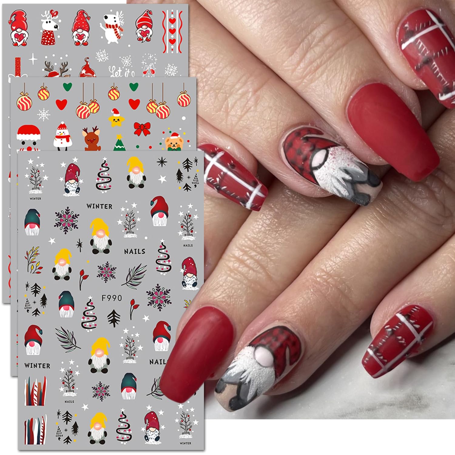 6 Sheets Christmas Nail Art Stickers 3D Self-Adhesive Nail Decals Cute Snowmen Snowflake Cartoon Penguin Elk Nail Designs Xmas W