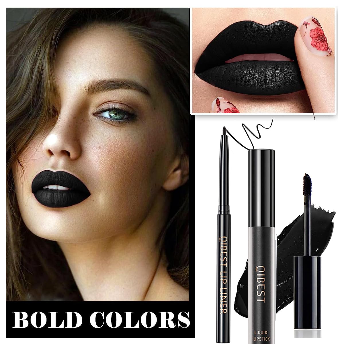 Pakivs 3Pcs Black Matte Liquid Lipstick,Lip Liner,Lip Gloss Trio Lip Set Waterproof Long-Lasting Moisturizing Velvety Lip Stain