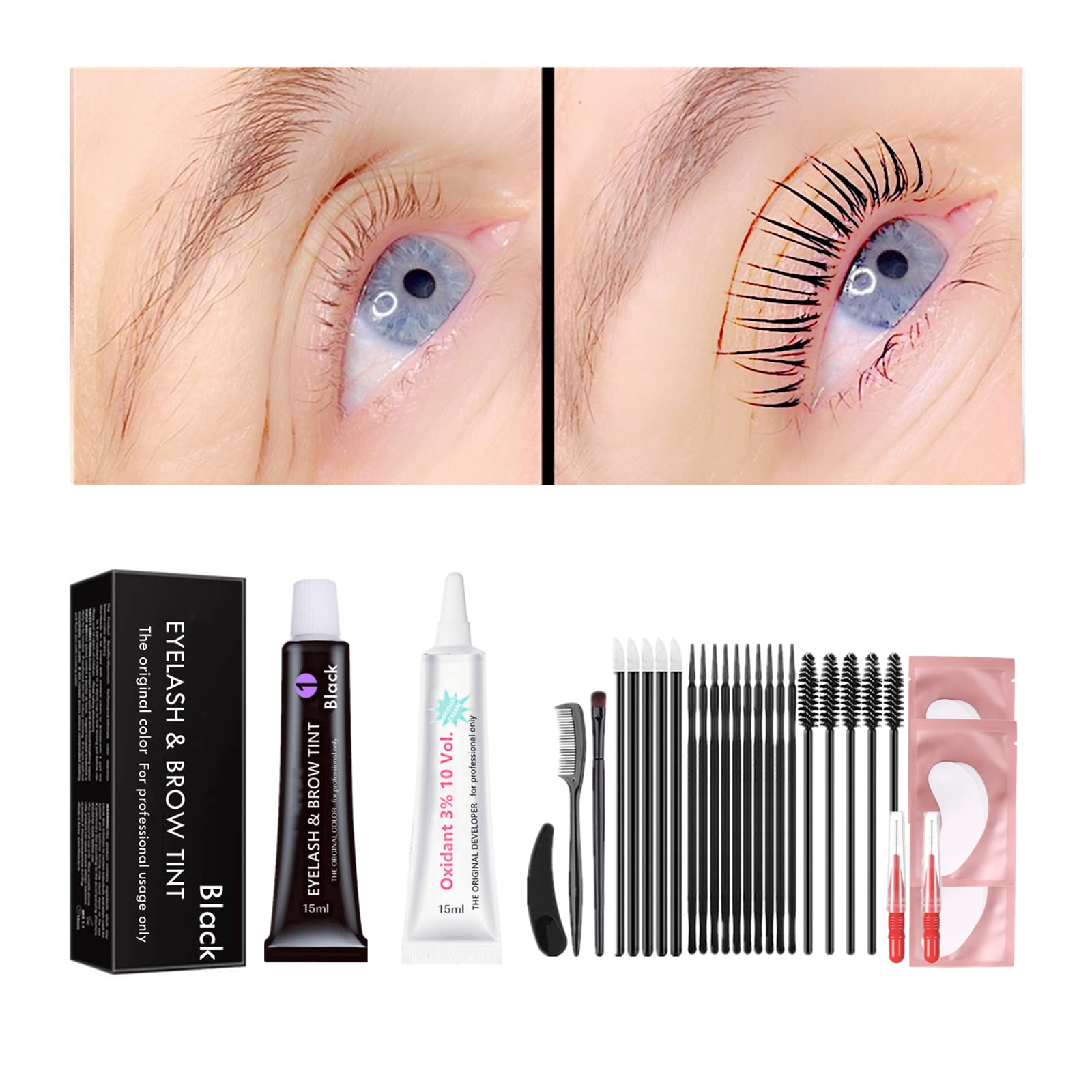Black Lash Tint Kit, Keratin Black Eyelash Dye and Eyebrow Tint, 6 Week Voluminous Brow Tint, Tinting Look For Lash Perm/Lift/La