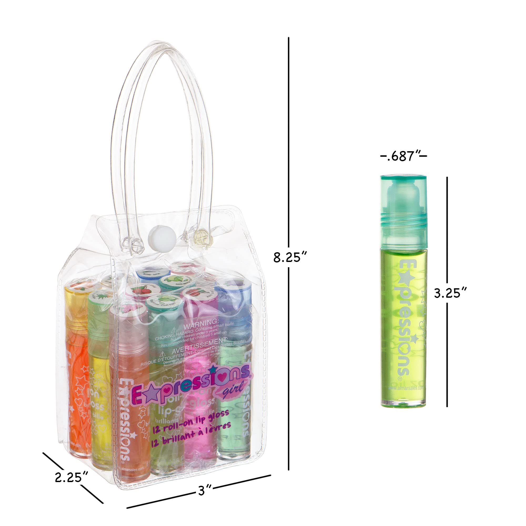 Expressions girl Roll On 24 Lip gloss Set with carrying case, 24-Piece glossy Lip Make-up for Kids and Teens - Fruity Flavors, N