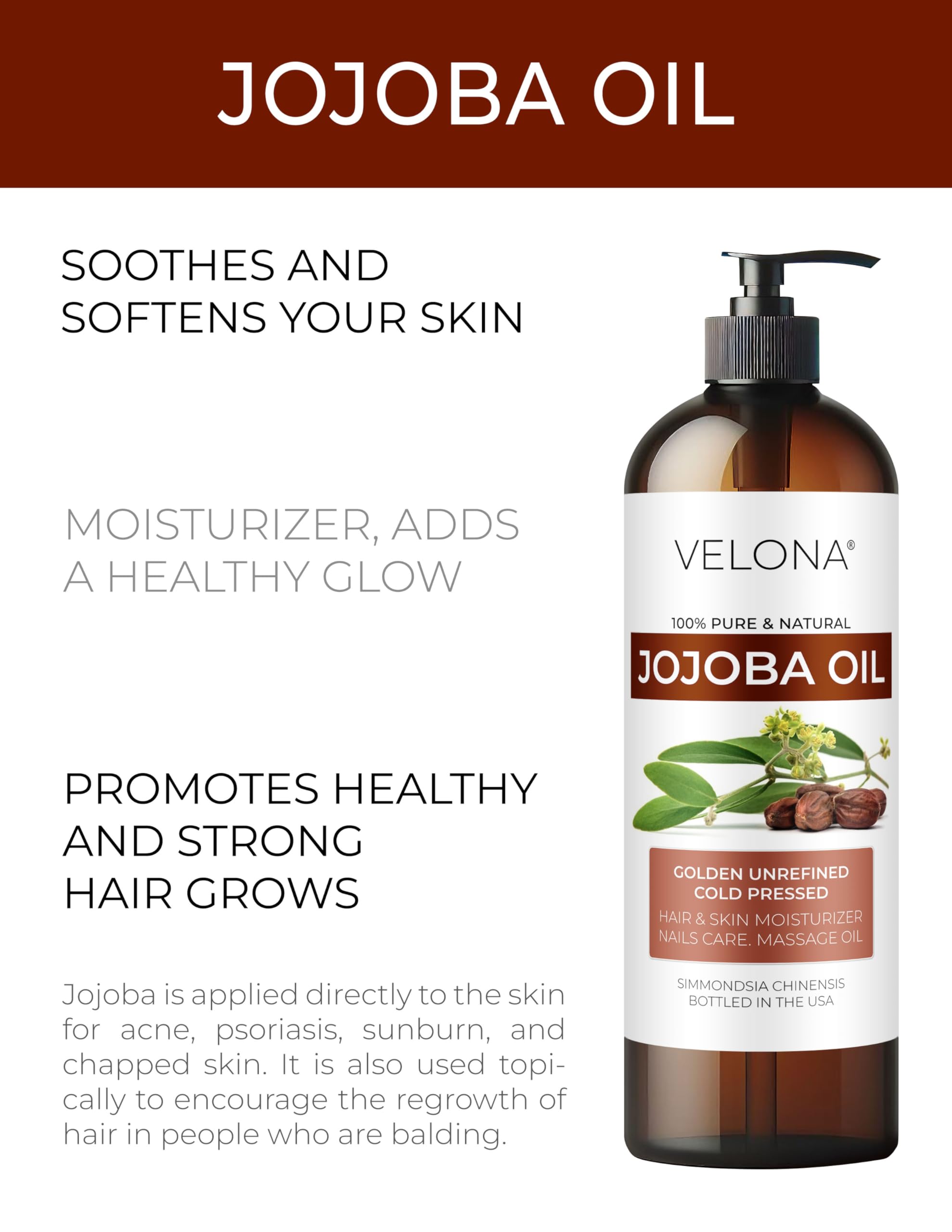 Velona Jojoba Oil - 32 Fl Oz (With Pump) | 100% Pure And Natural | Golden, Unrefined, Cold Pressed, Hexane Free